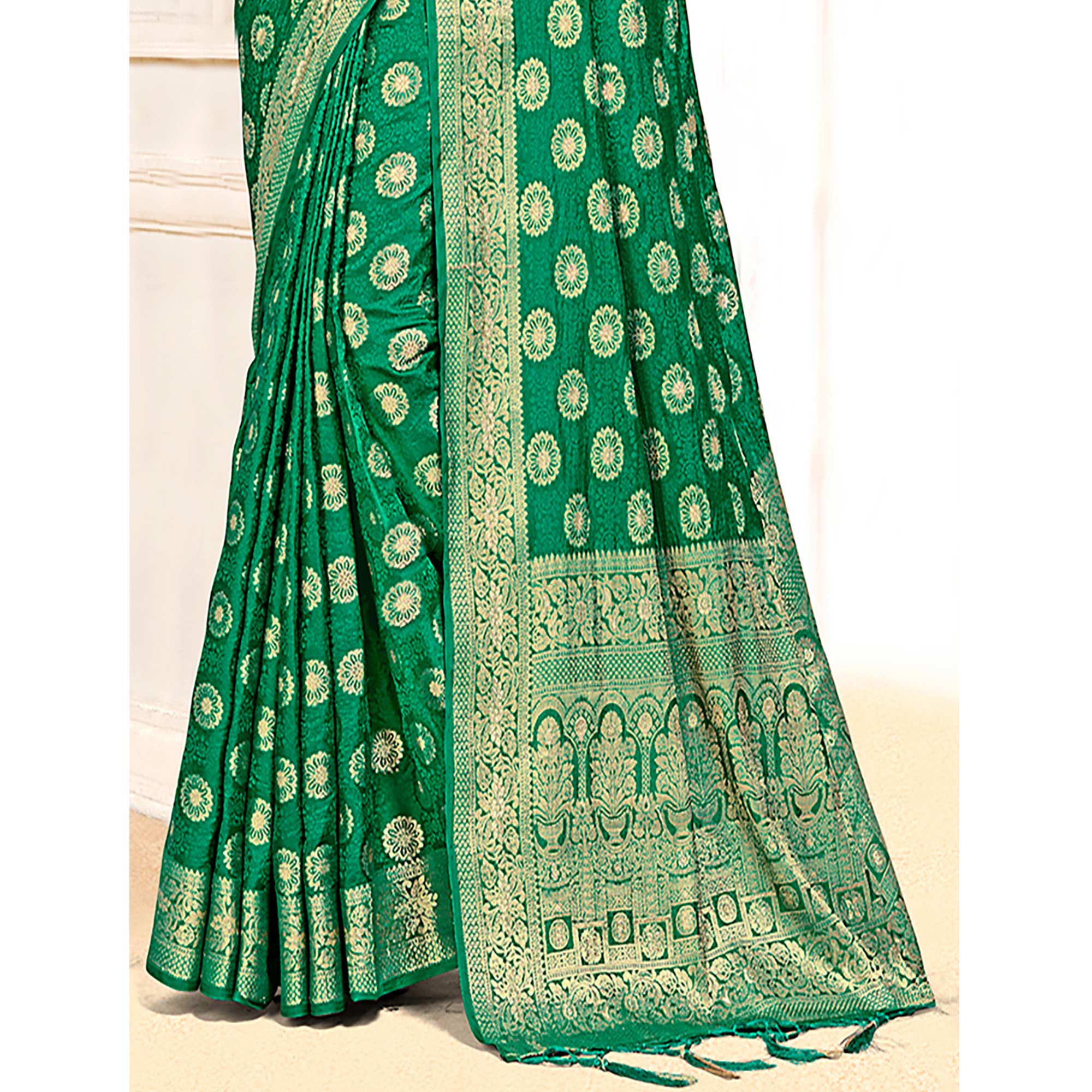 Green Floral Woven Cotton Silk Saree With Tassels