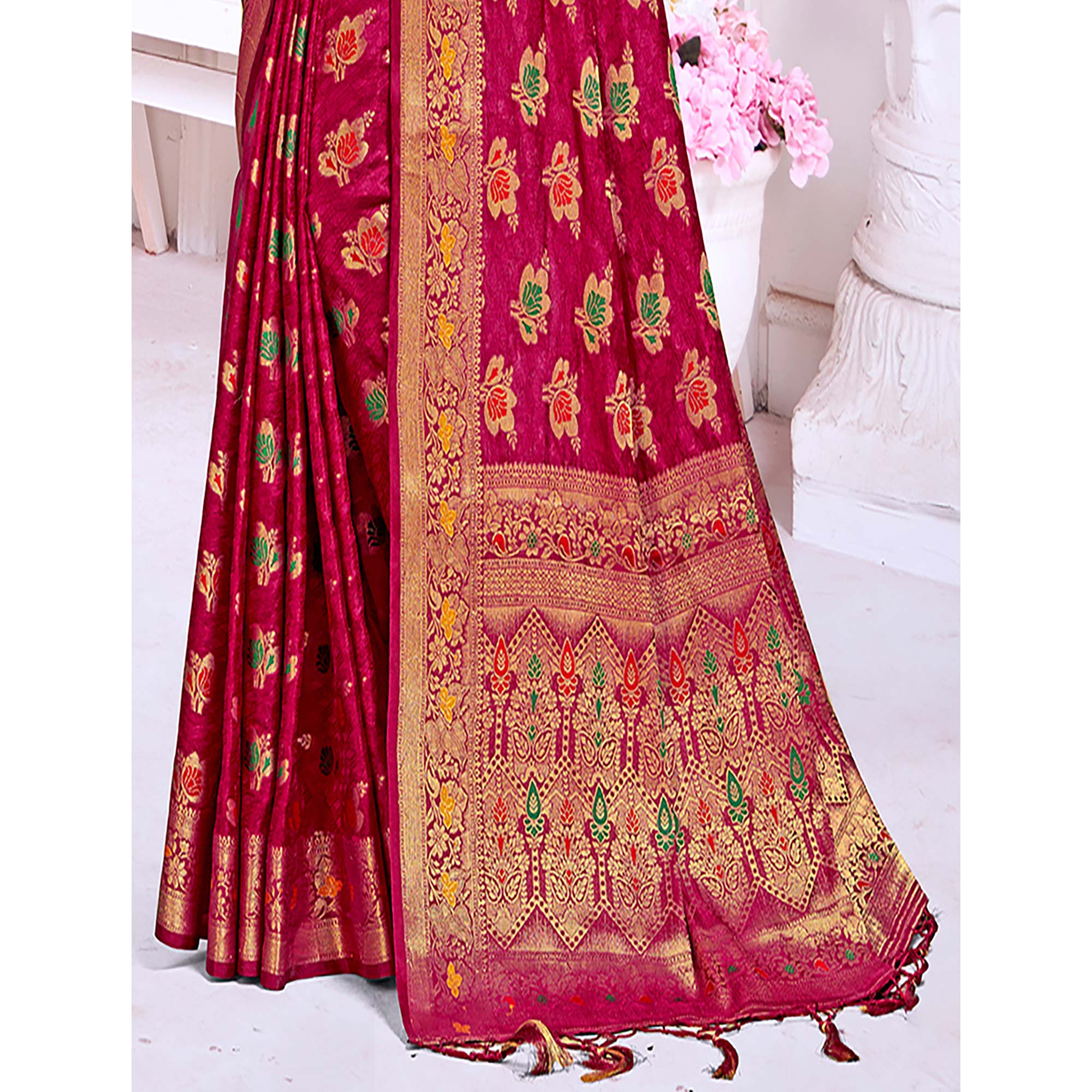 Pink Floral Woven Cotton Silk Saree With Tassels