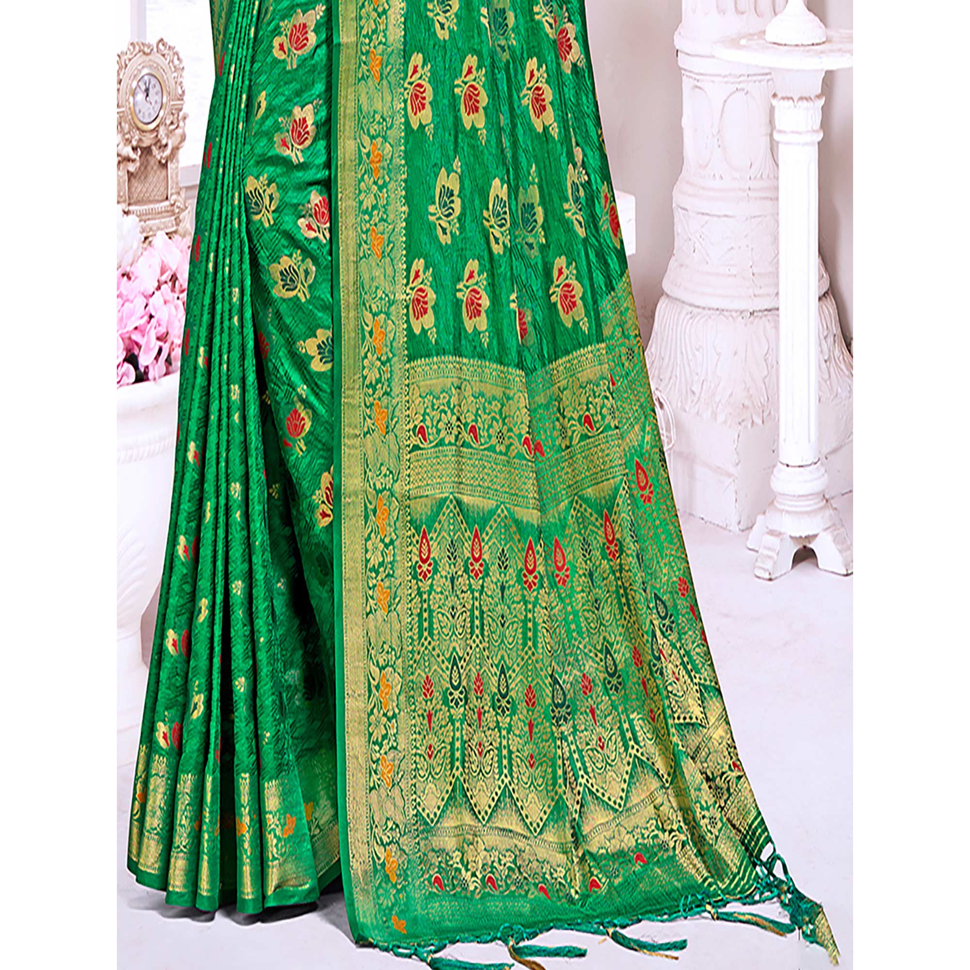 Green Floral Woven Cotton Silk Saree With Tassels