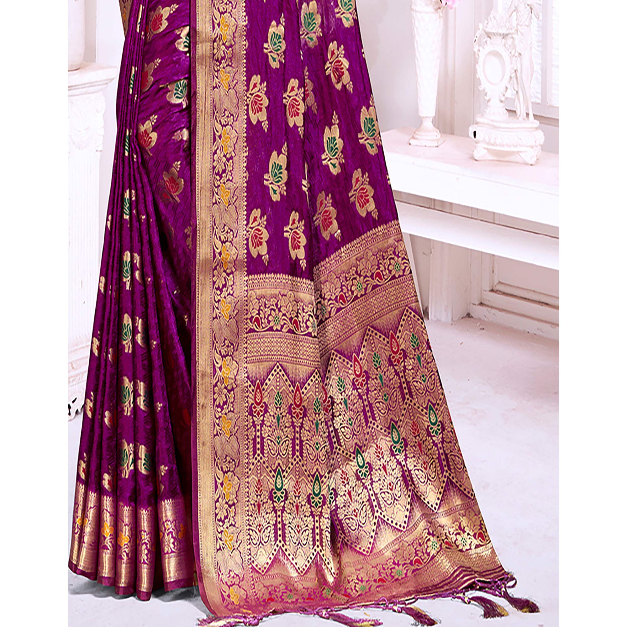 Purple Floral Woven Cotton Silk Saree With Tassels
