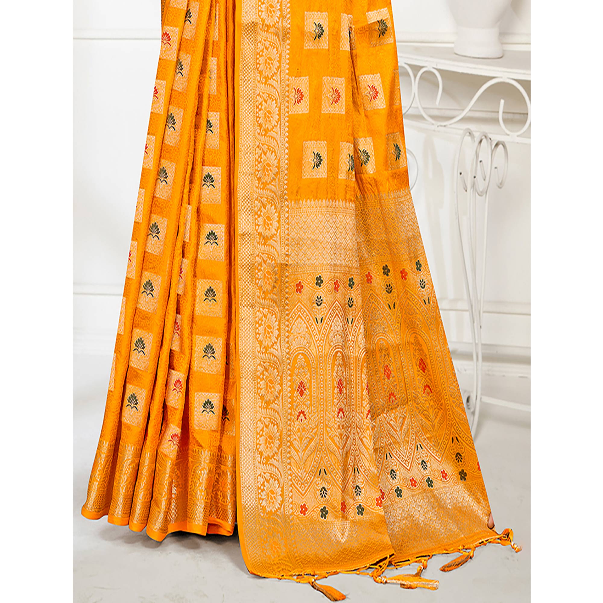 Mustard Floral Woven Cotton Silk Saree With Tassels