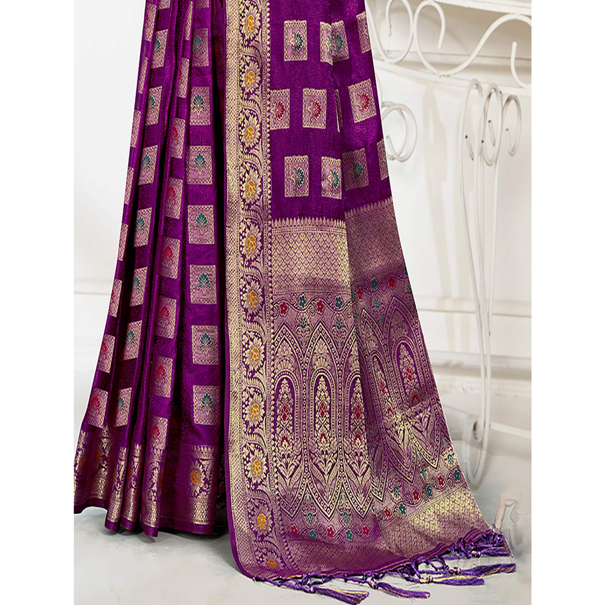 Purple Floral Woven Cotton Silk Saree With Tassels