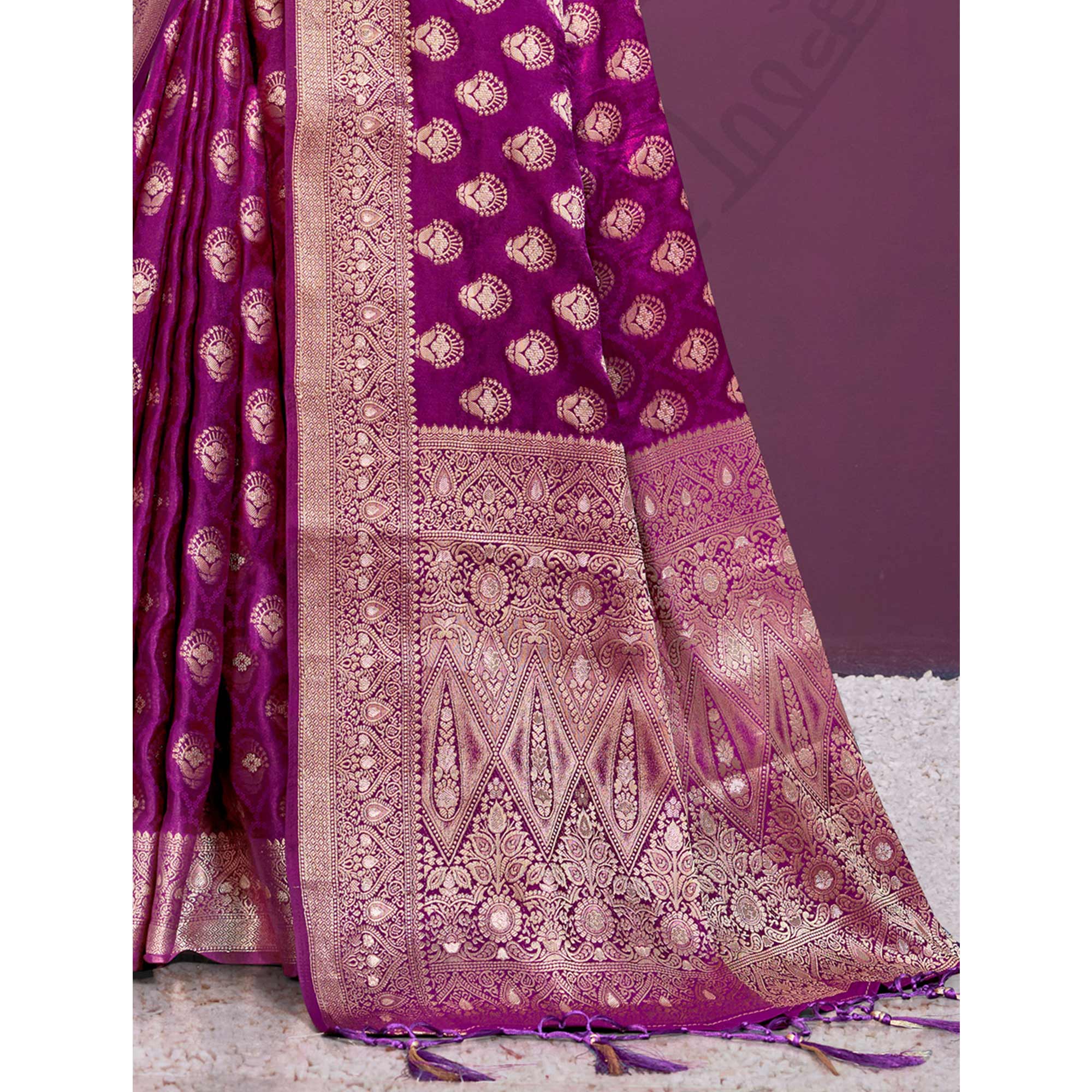 Purple Floral Woven Cotton Silk Saree With Tassels