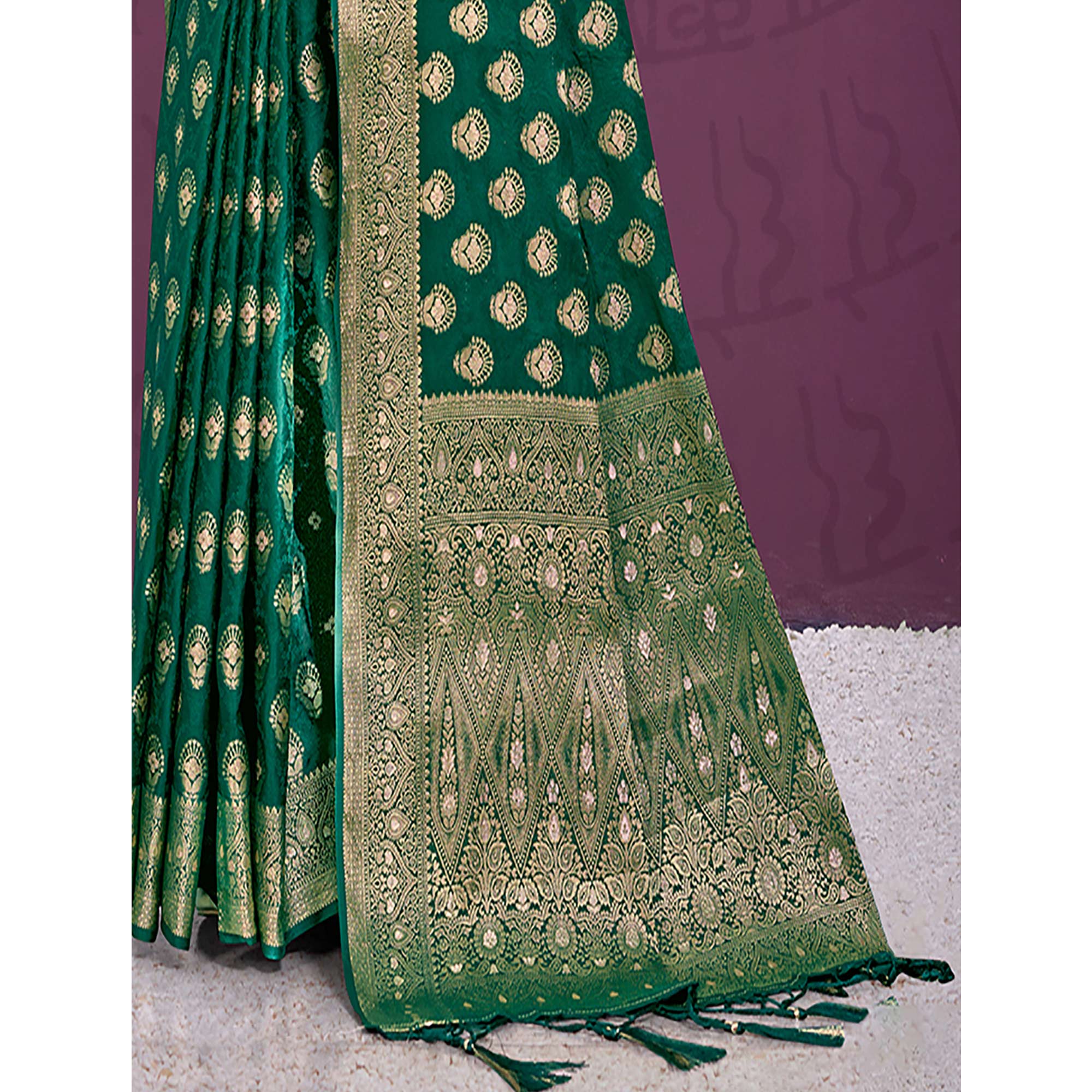 Green Floral Woven Cotton Silk Saree With Tassels