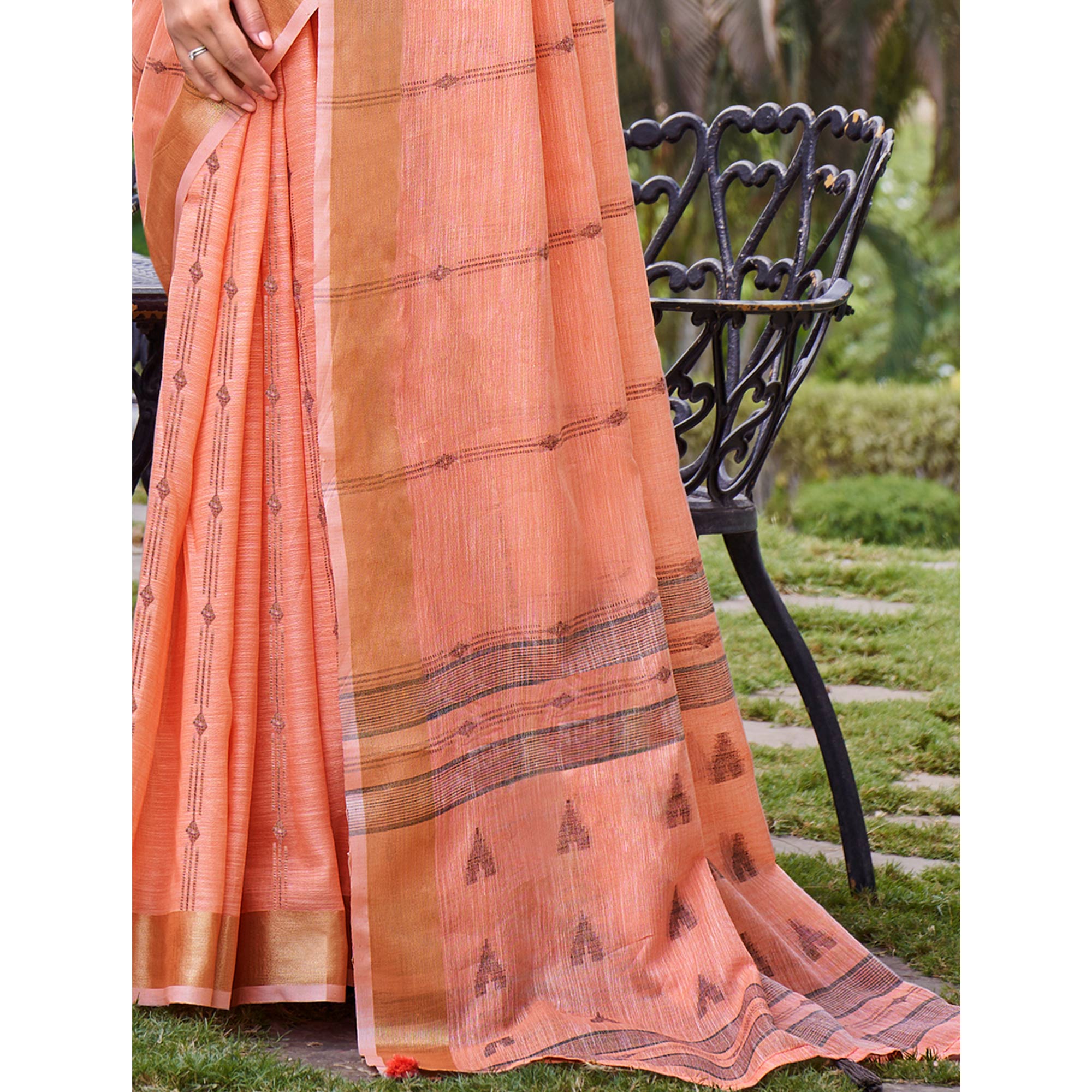 Peach Woven Cotton Blend Saree With Tassels