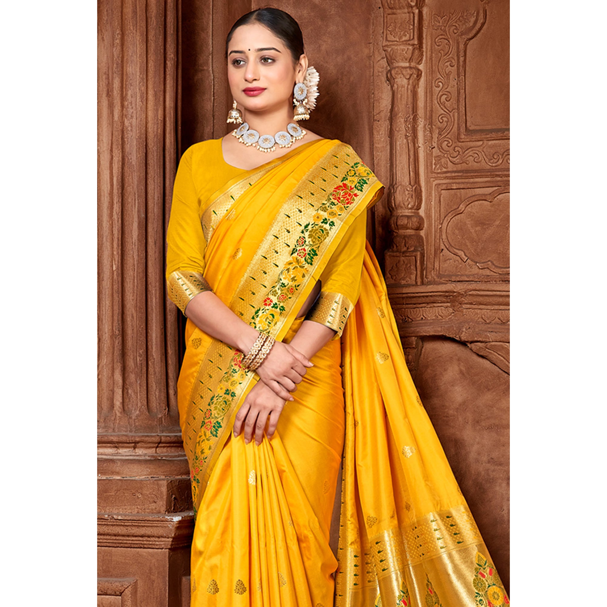 Yellow Woven Paithani Banarasi Silk Saree With Tassels