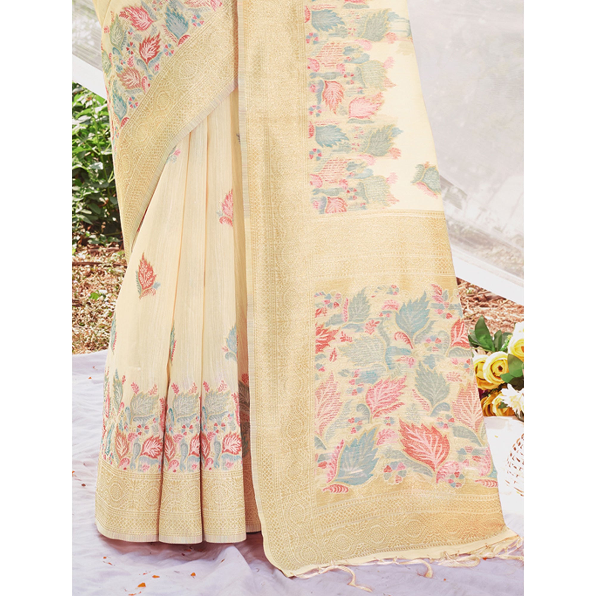 Yellow Floral Woven Cotton Silk Saree With Tassels