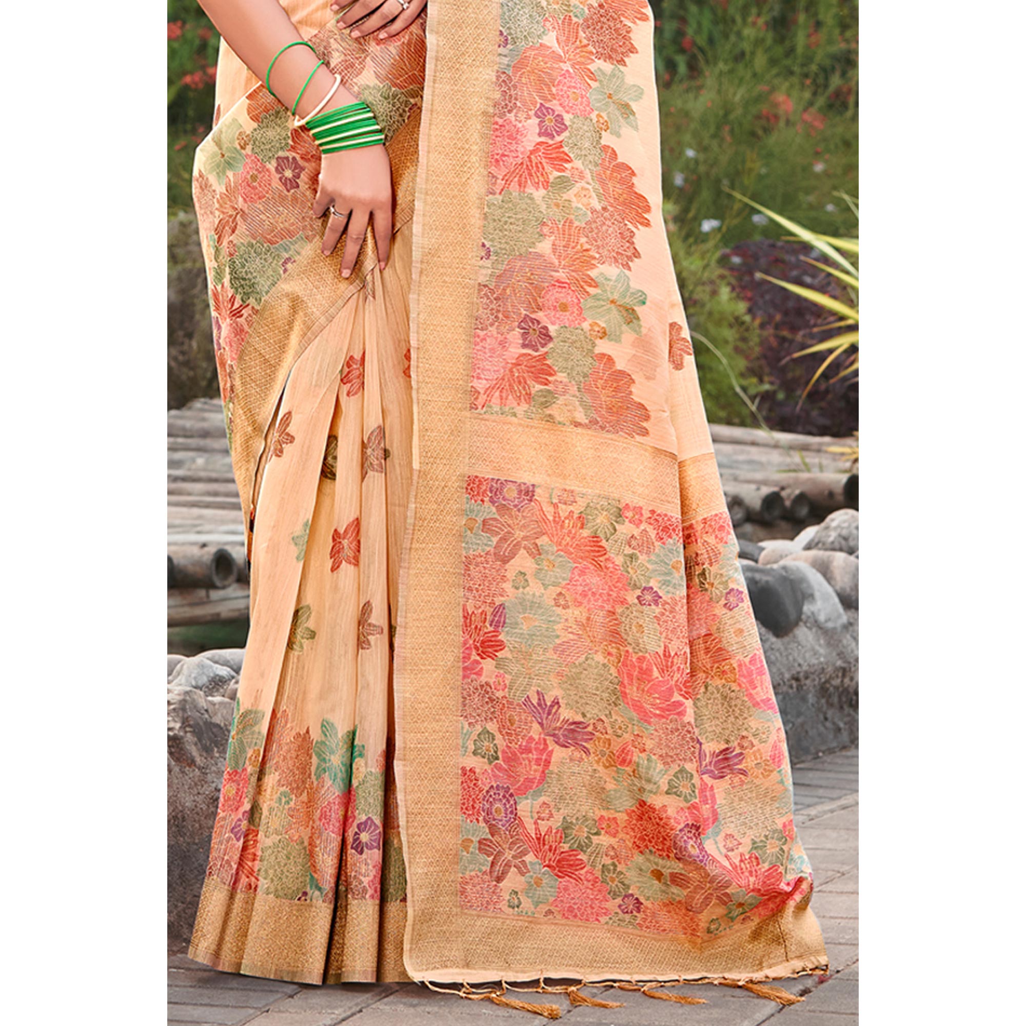 Cream Woven Cotton Blend Saree With Tassels