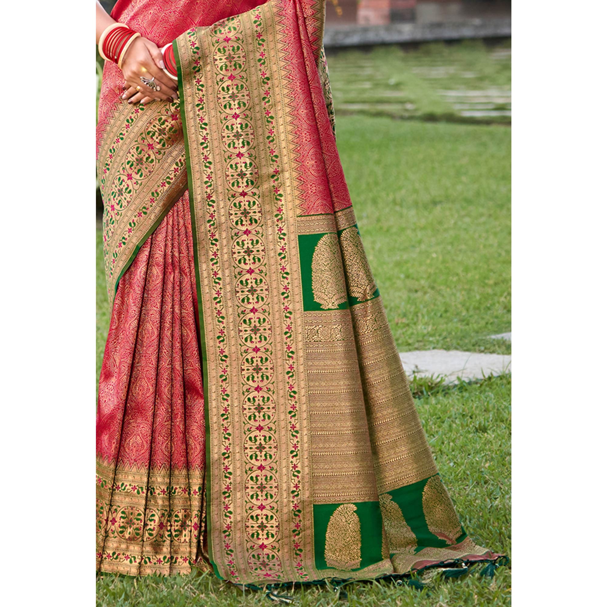 Pink Woven Kanjivaram Silk Saree With Tassels