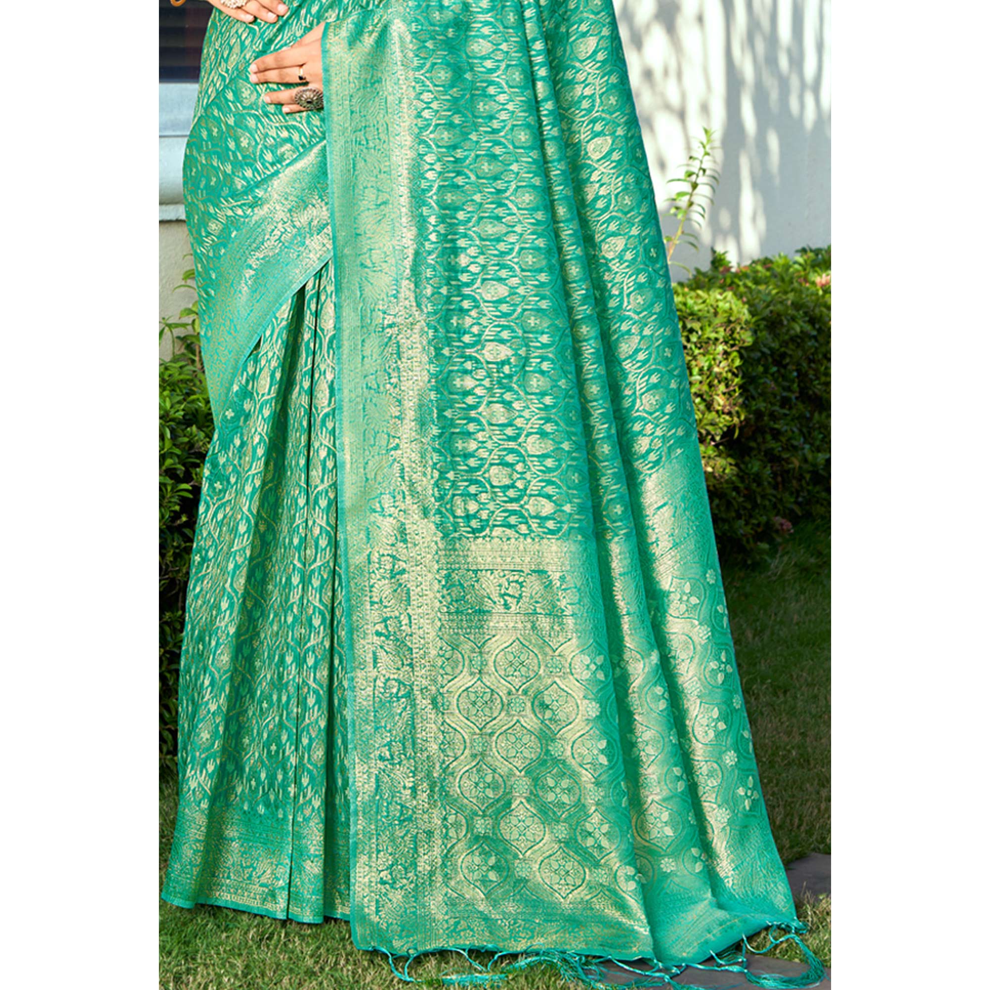 Sea Green Floral Woven Cotton Blend Saree With Tassels