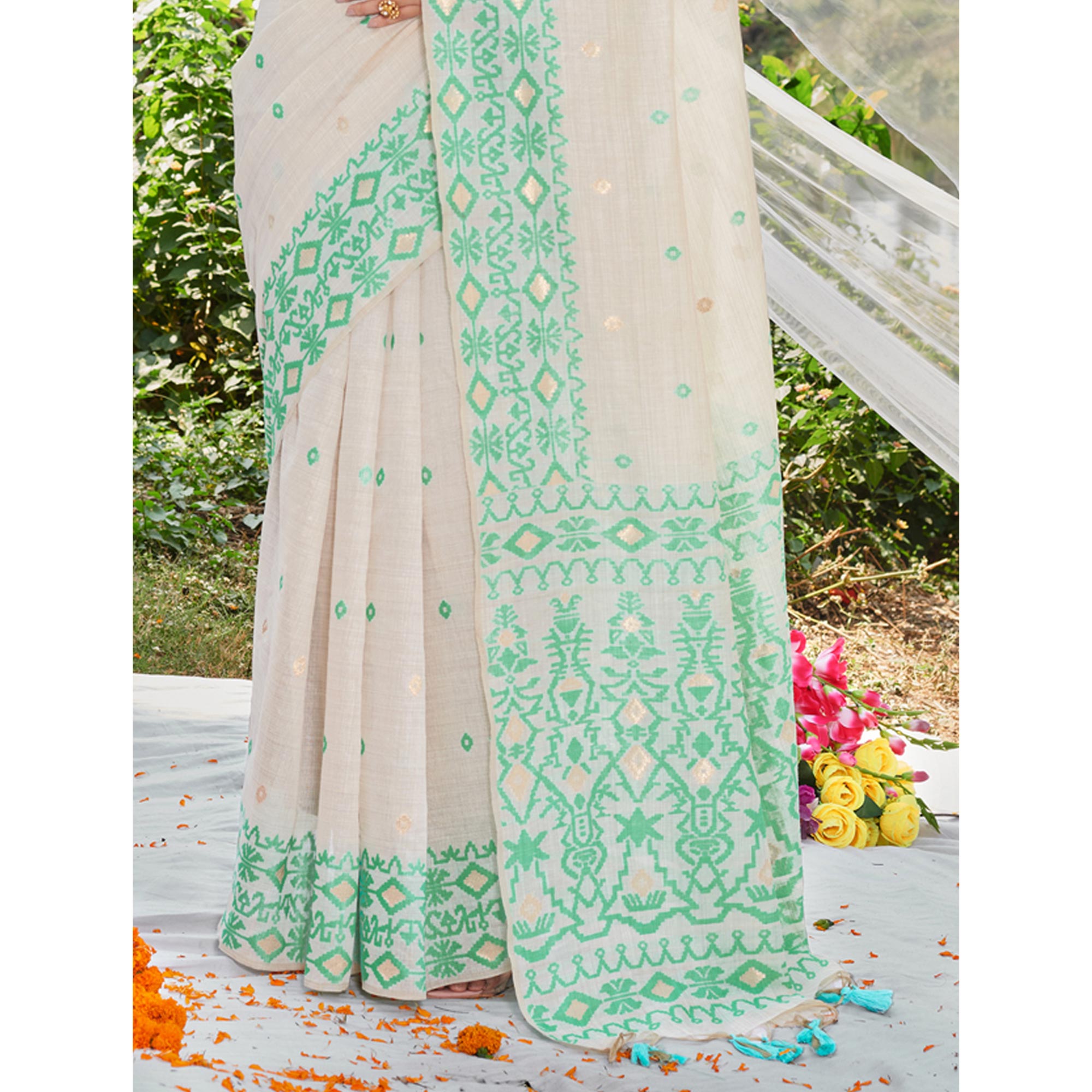 Off White & Green Woven Cotton Silk Saree With Tassels