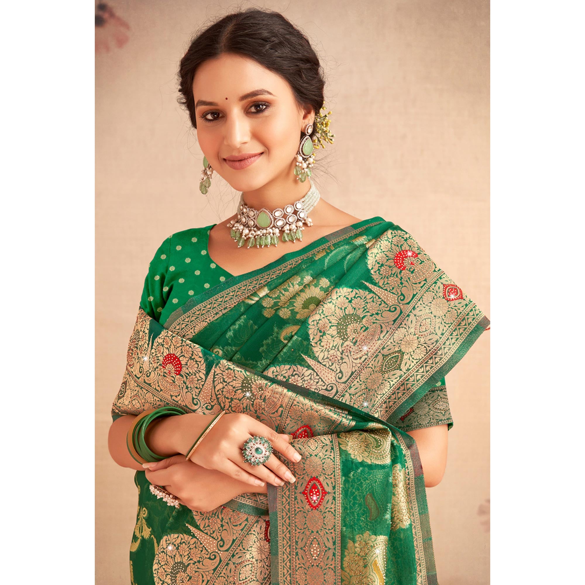 Green Woven Organza Saree With Tassels