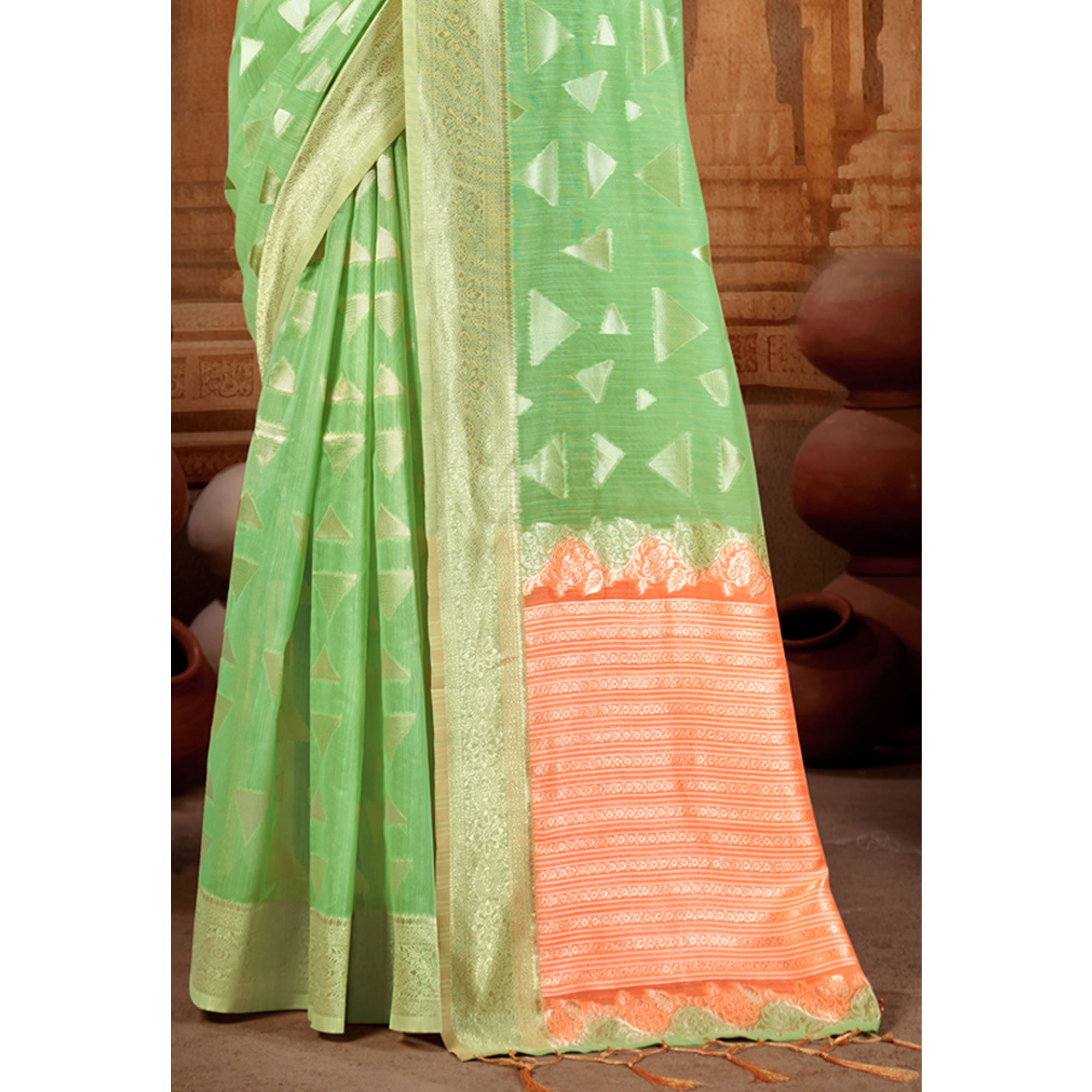 Green Woven Linen Saree With Tassels
