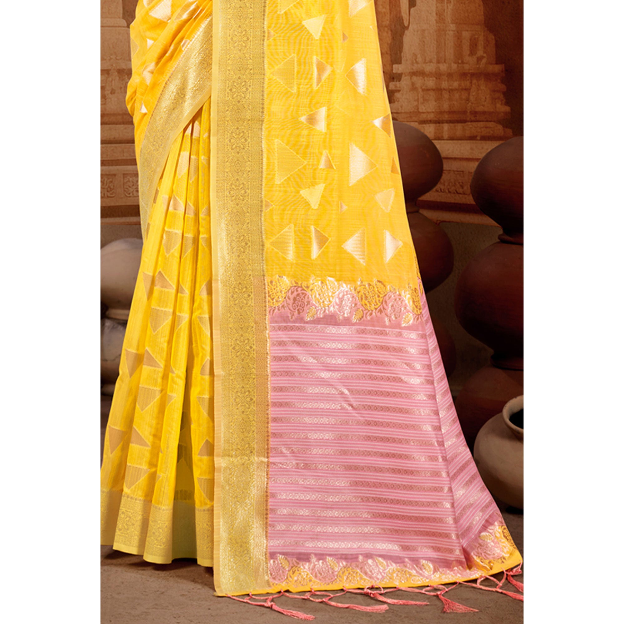 Yellow Woven Linen Saree With Tassels