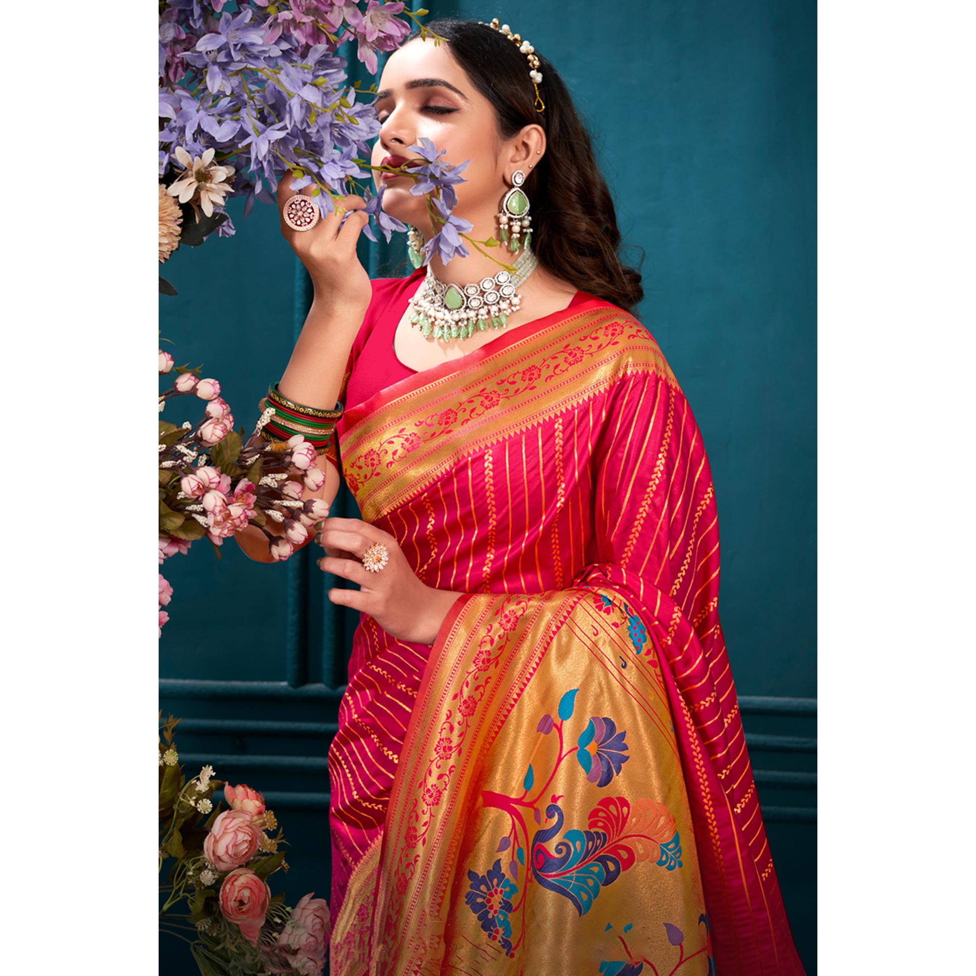 Pink Woven Paithani Raw Silk Saree With Tassels