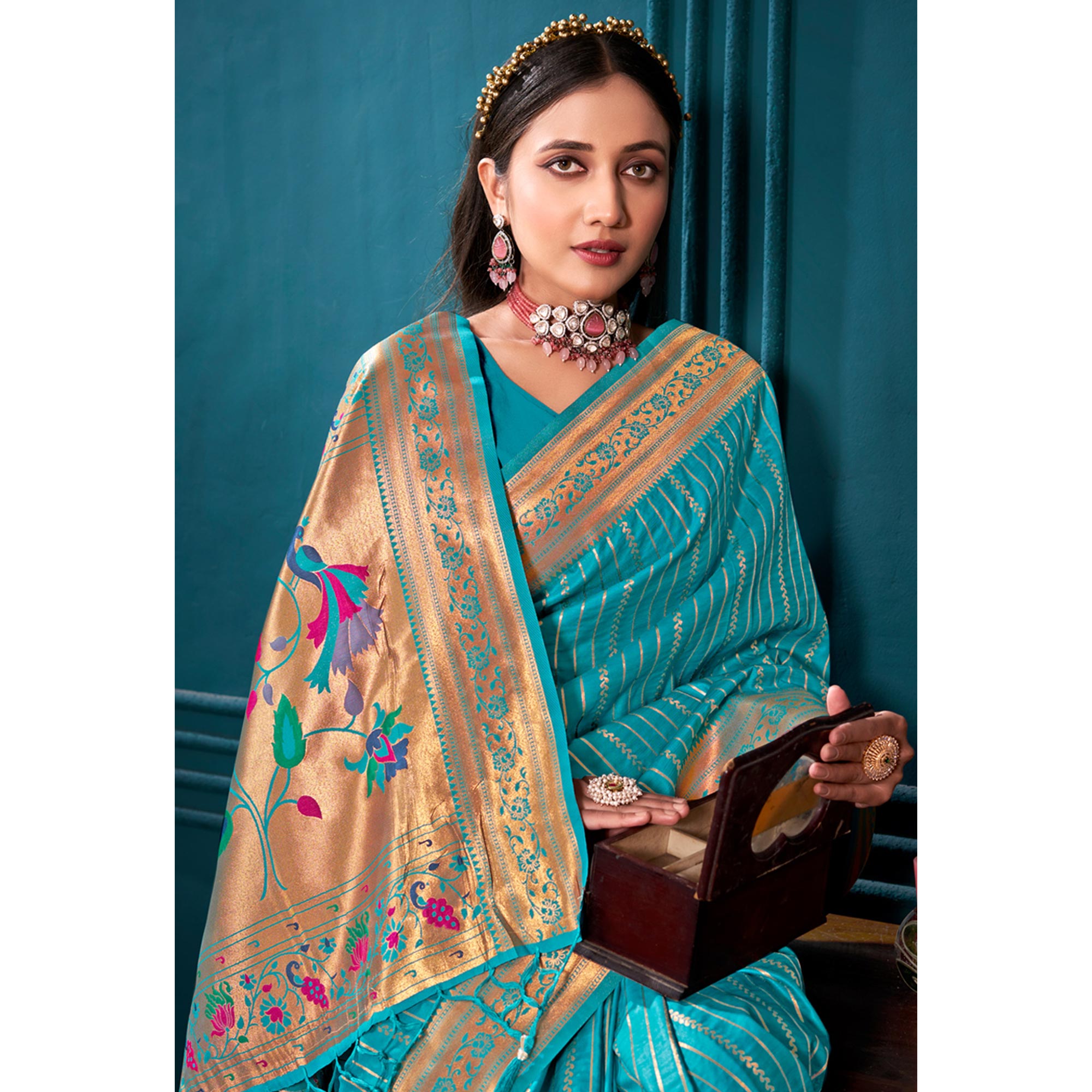 Turquoise Woven Paithani Raw Silk Saree With Tassels