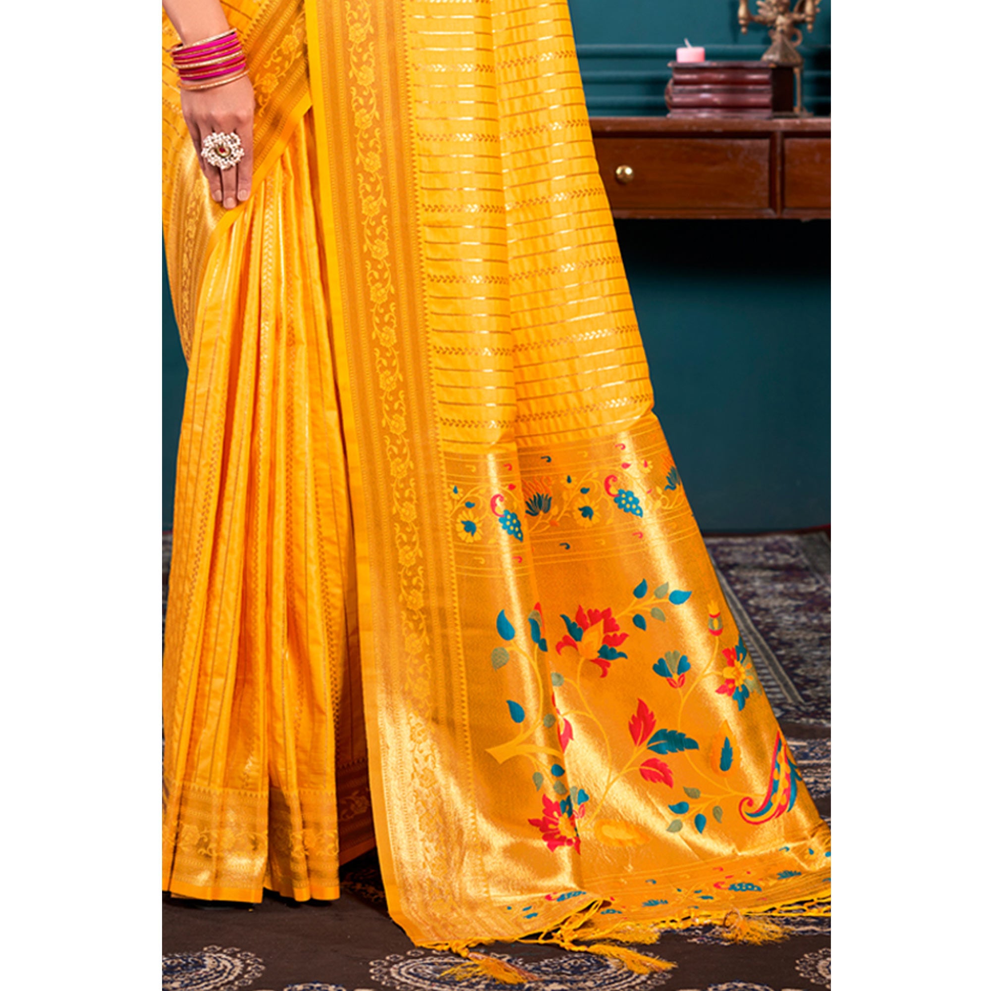 Mustard Woven Paithani Raw Silk Saree With Tassels