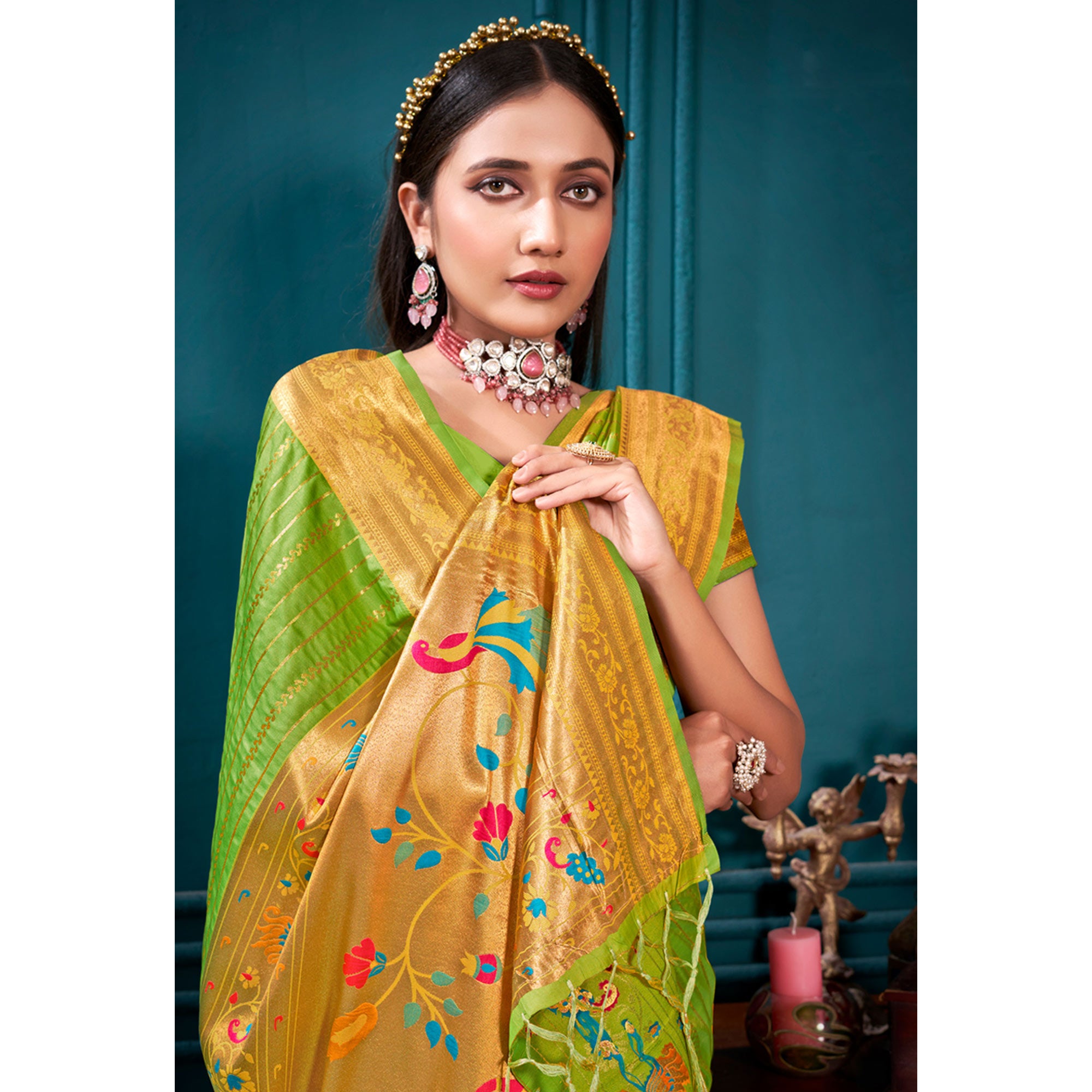 Parrot Green Woven Paithani Raw Silk Saree With Tassels