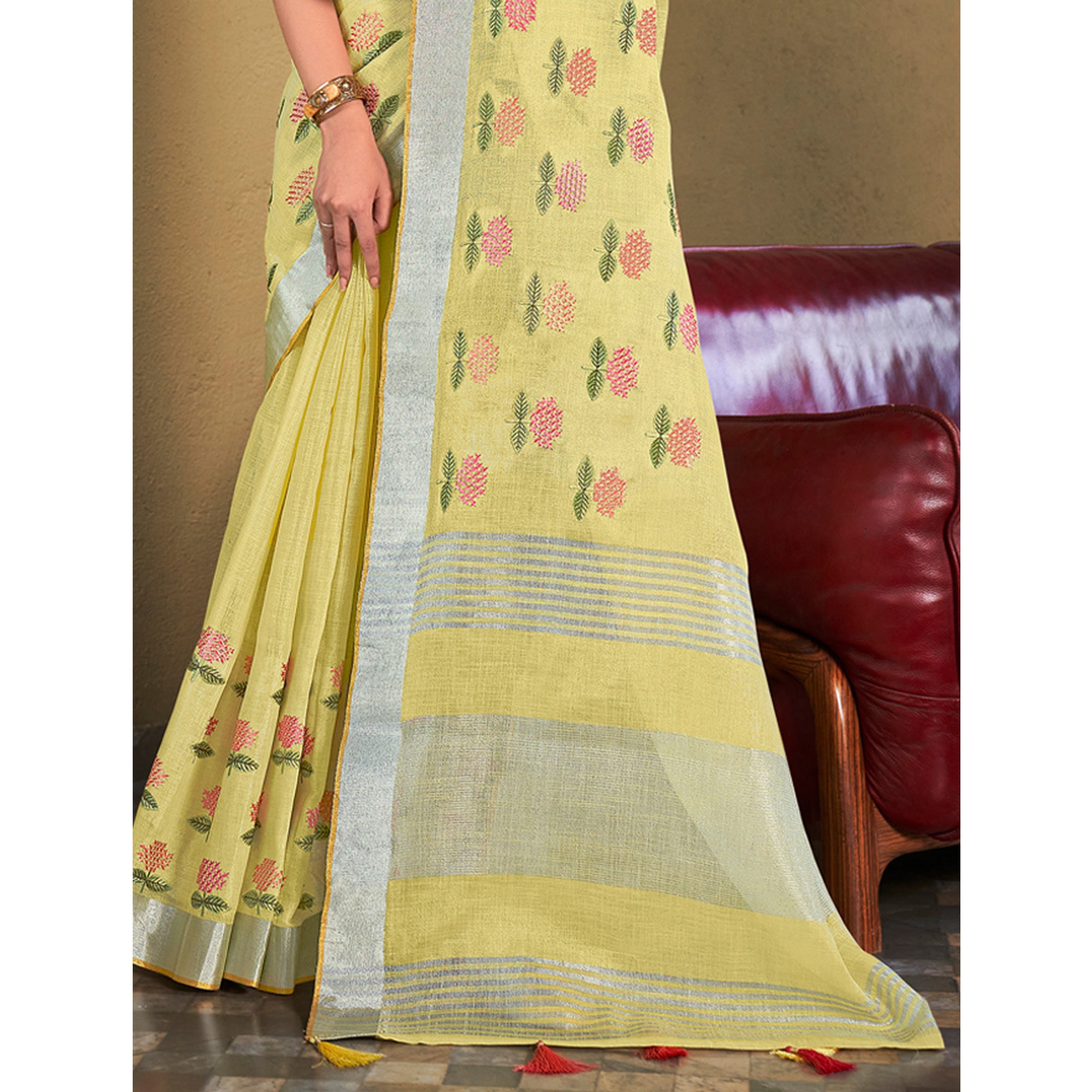Yellow Floral Embroidered Linen Saree With Tassels