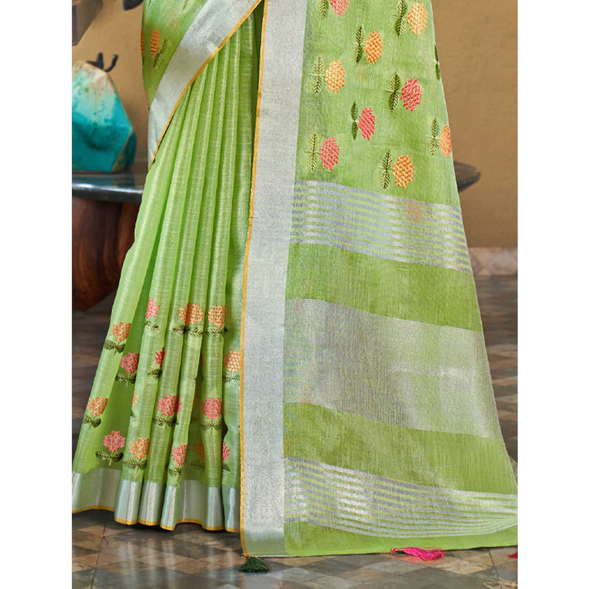 Green Floral Embroidered Linen Saree With Tassels