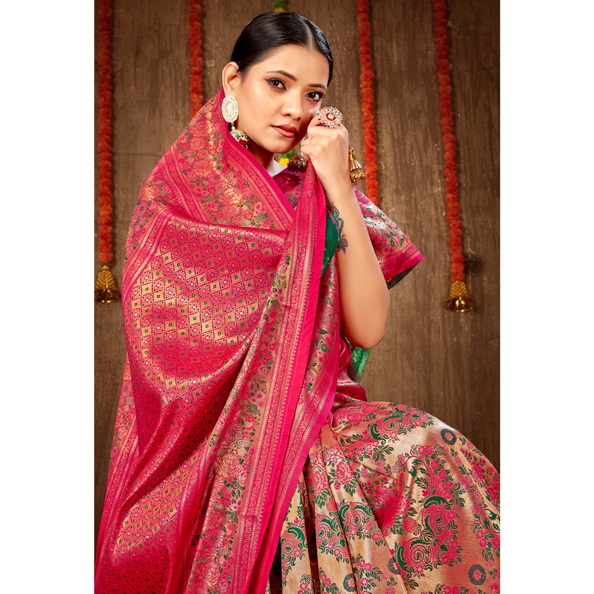Pink Floral Woven Banarasi Silk Saree