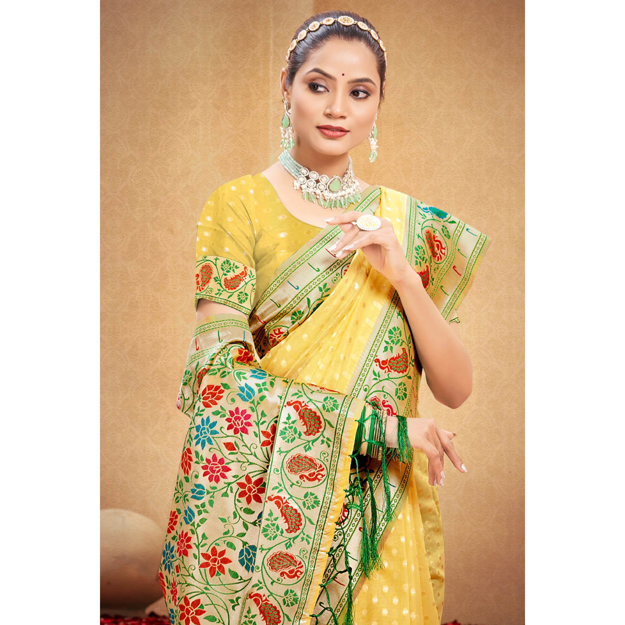 Yellow Floral Woven Cotton Blend Saree With Tassels