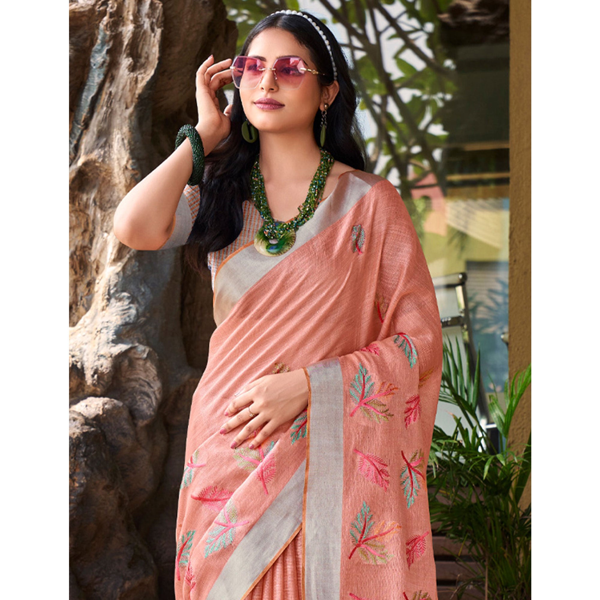 Peach Floral Embroidered Linen Saree With Tassels