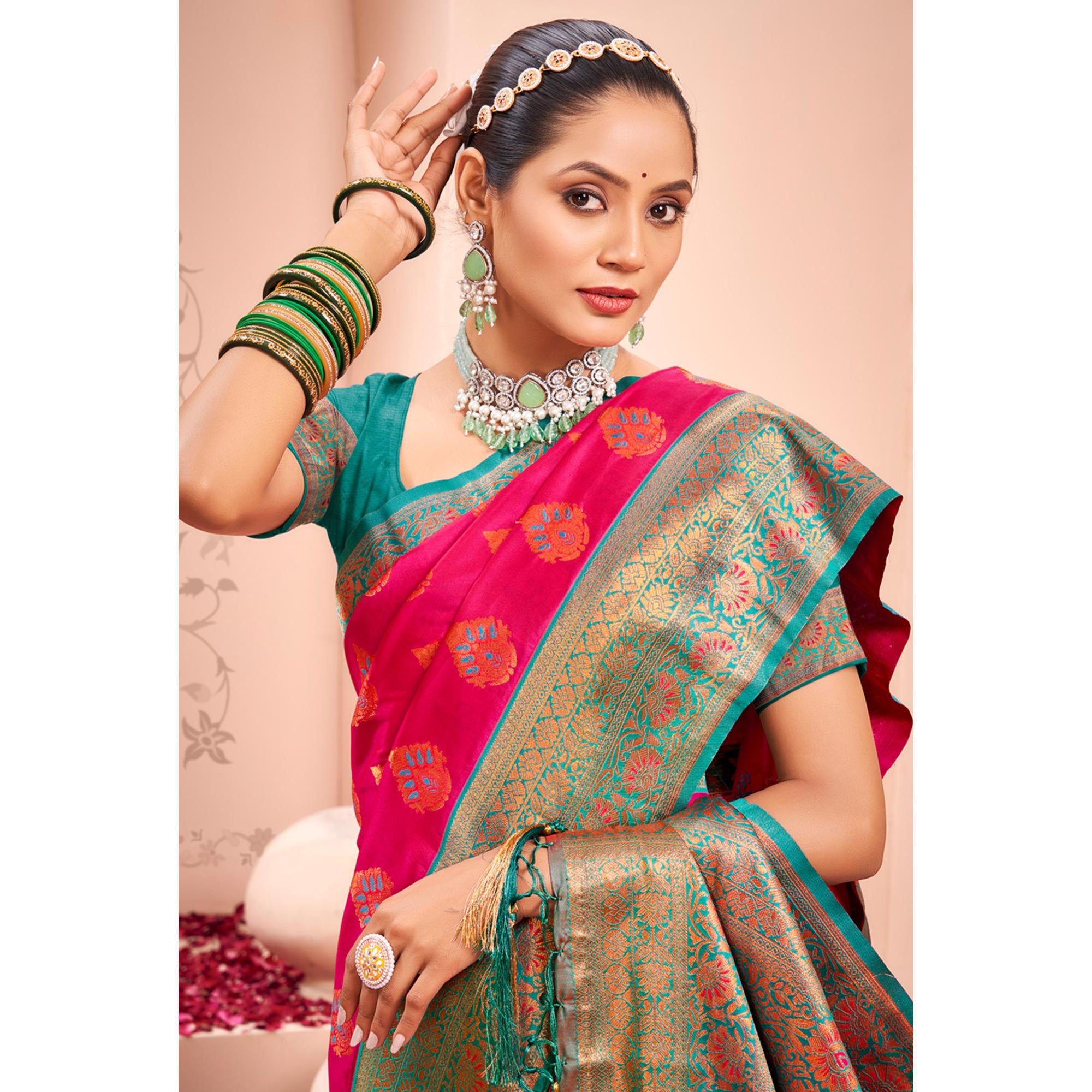 Pink Floral Woven Kanjivaram Silk Saree With Tassels