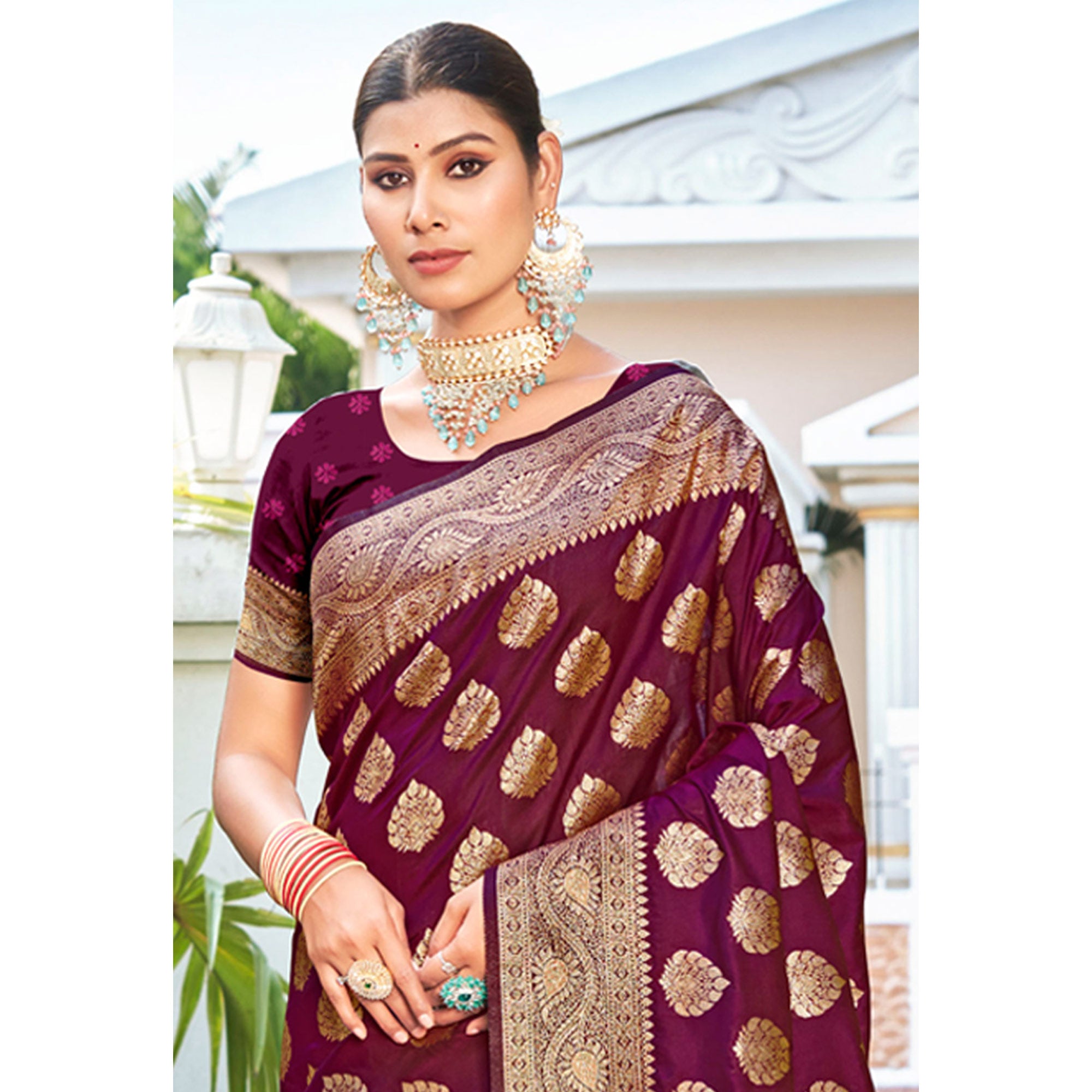 Purple Floral Woven Banarasi Silk Saree
