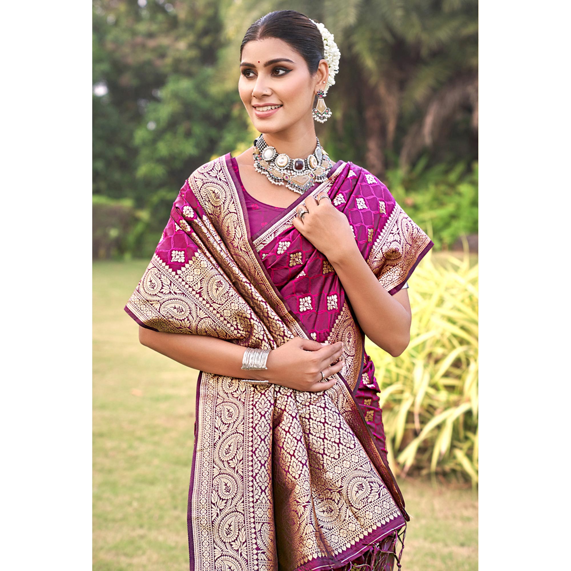 Purple Floral Woven Kanjivaram Silk Saree With Tassels