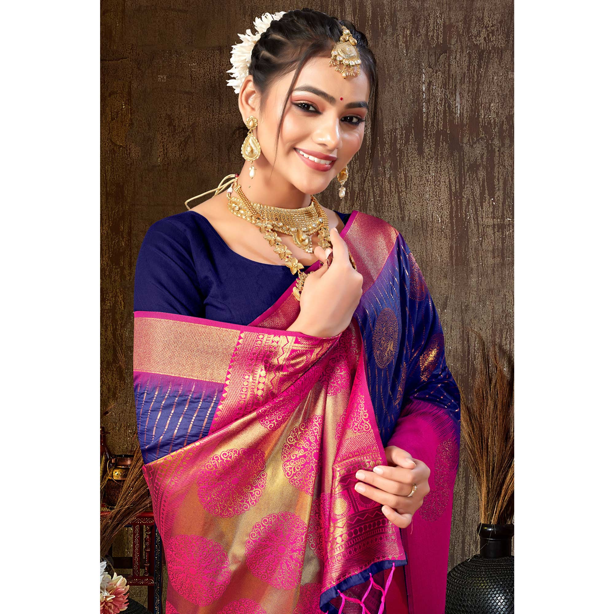 Blue Woven Banarasi Silk Saree With Tassels