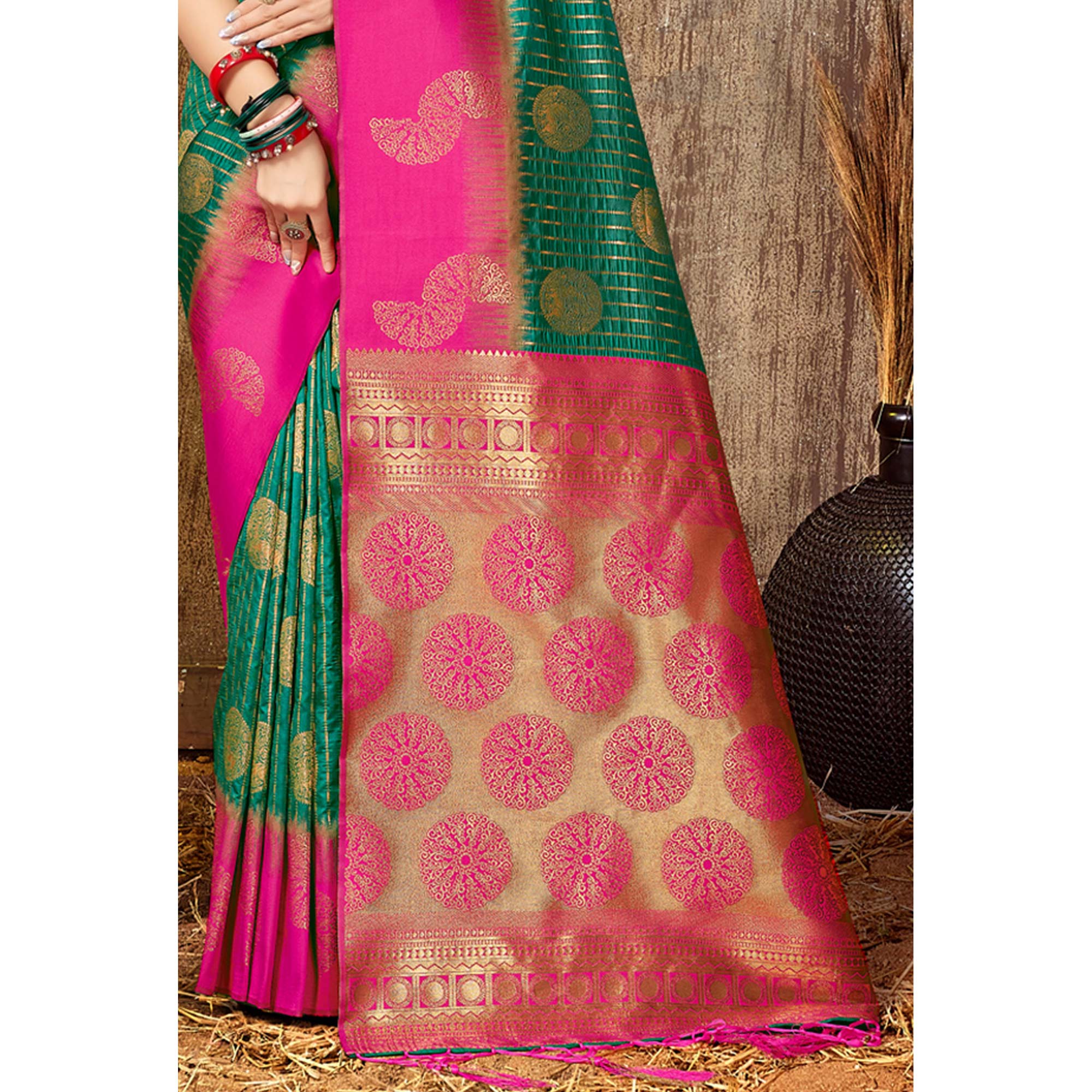 Green Woven Banarasi Silk Saree With Tassels