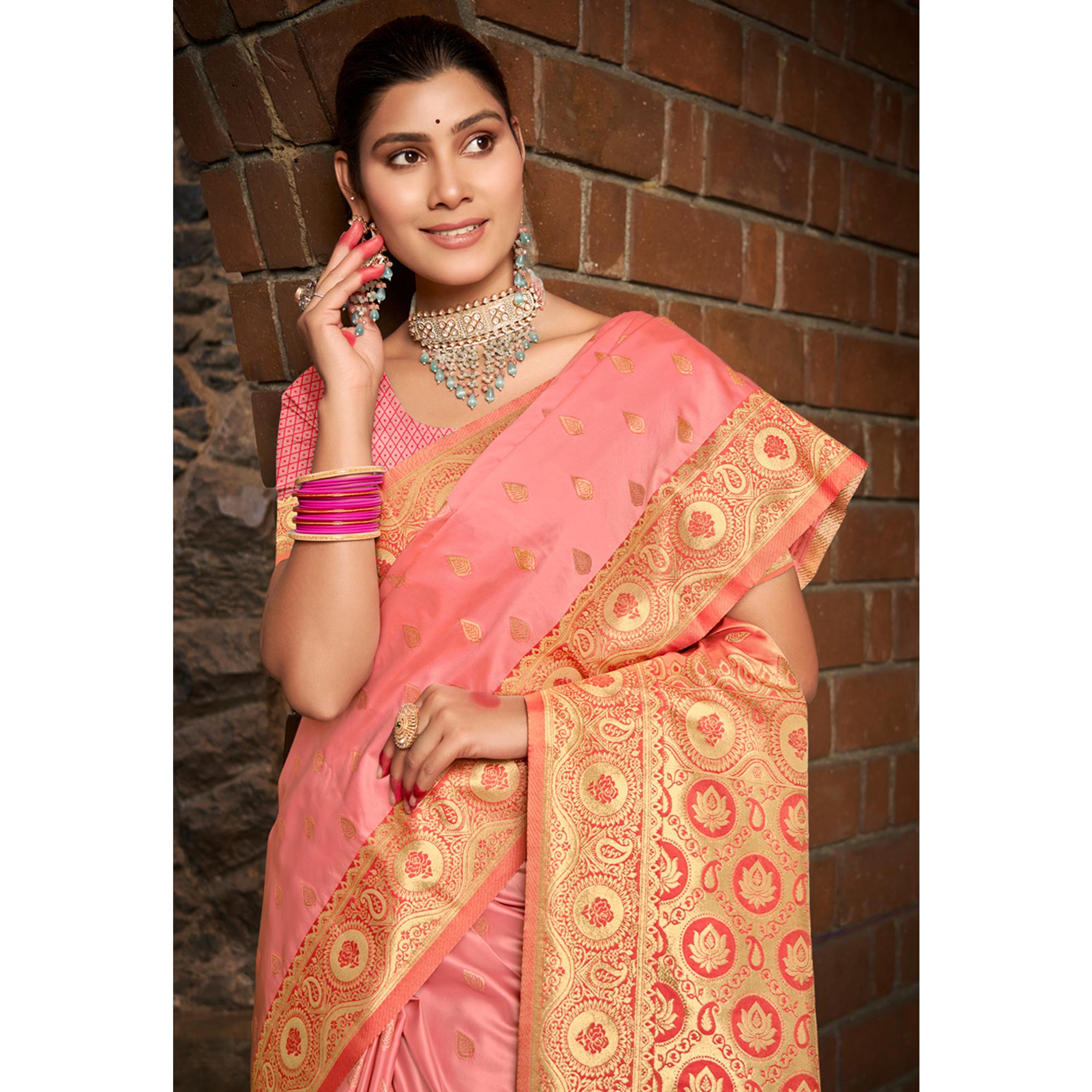 Peach Woven Satin Silk Saree With Tassels