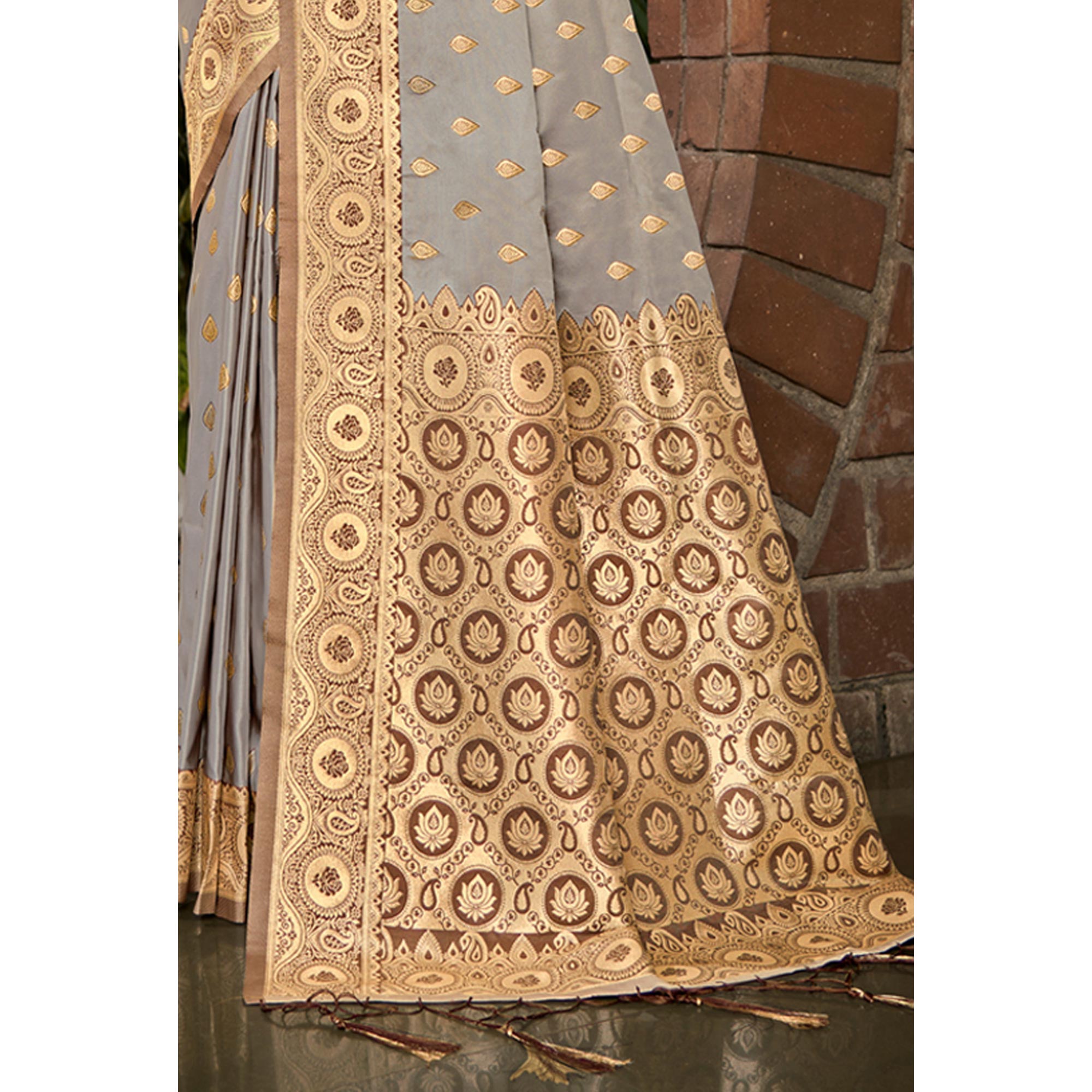 Grey Woven Satin Silk Saree With Tassels
