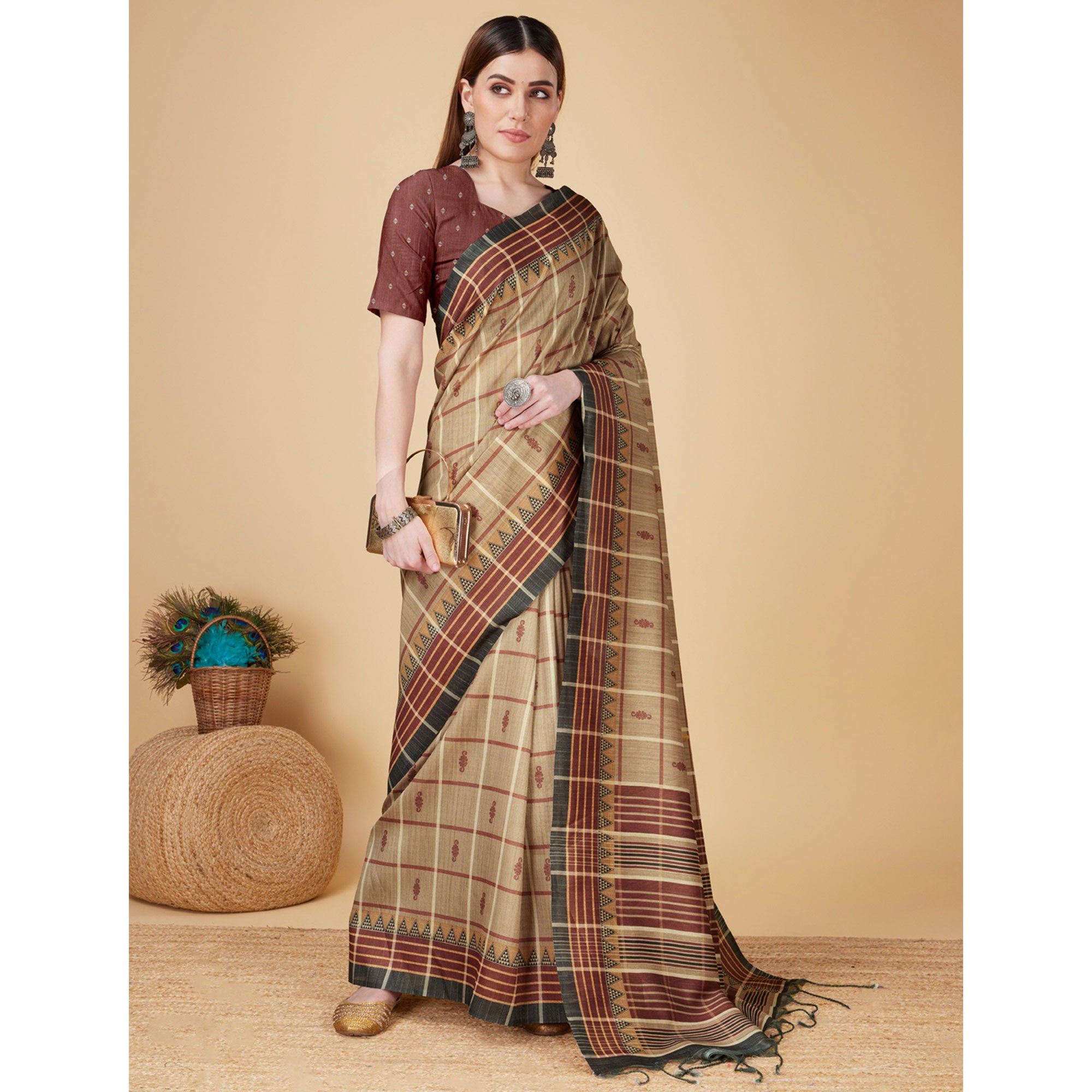 Beige Digital Printed Cotton Silk Saree With Tassels