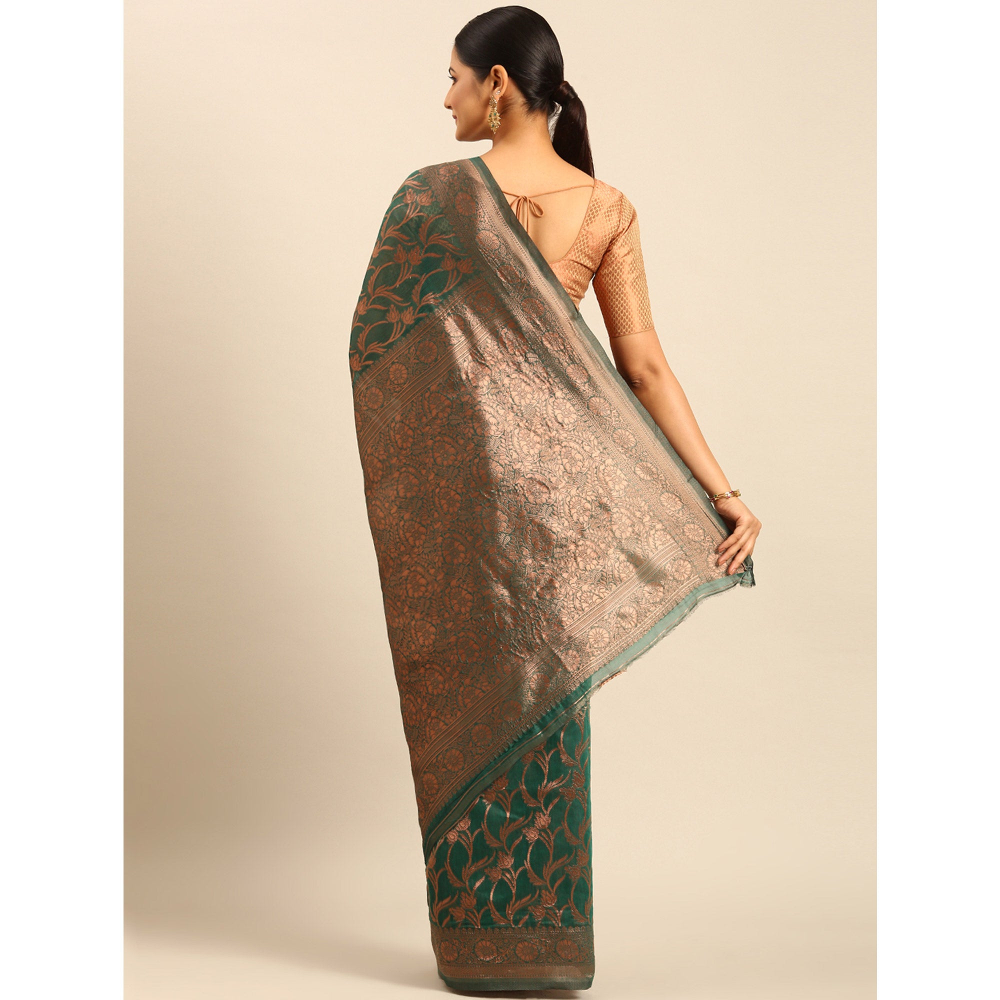 Rama Green Floral Woven Cotton Silk Saree