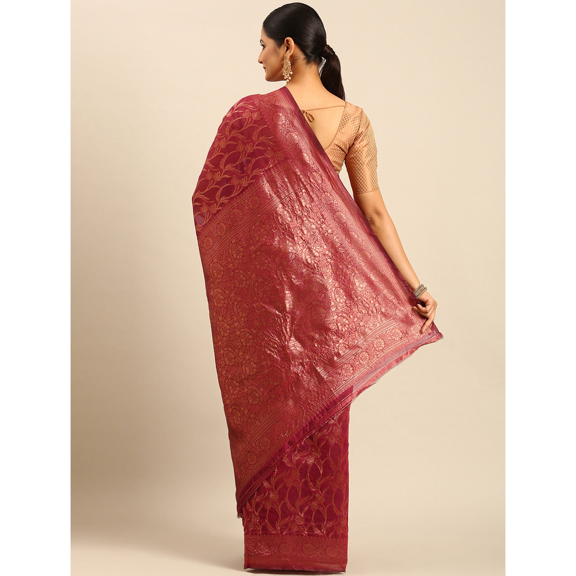 Magenta Floral Woven Cotton Silk Saree