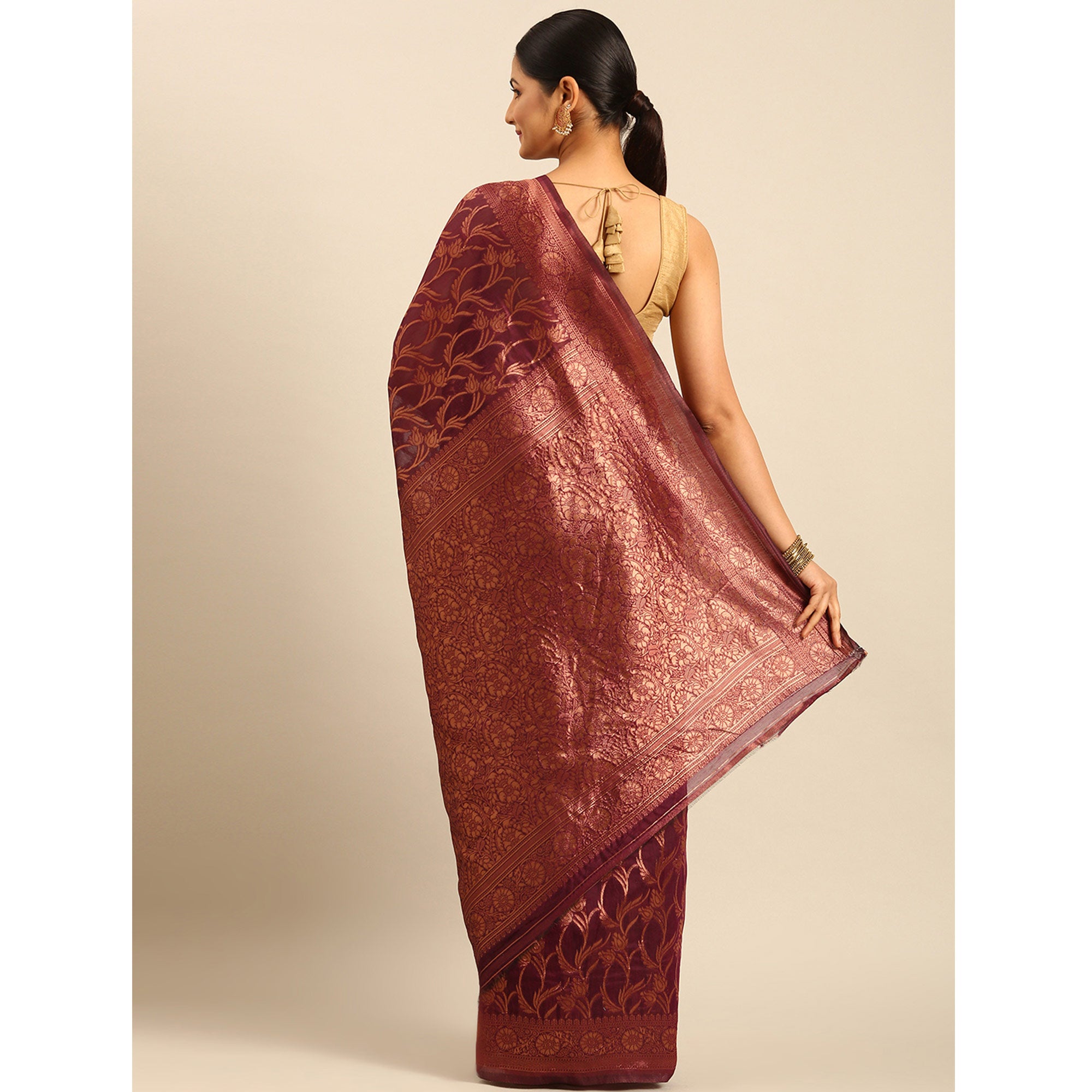 Wine Floral Woven Cotton Silk Saree
