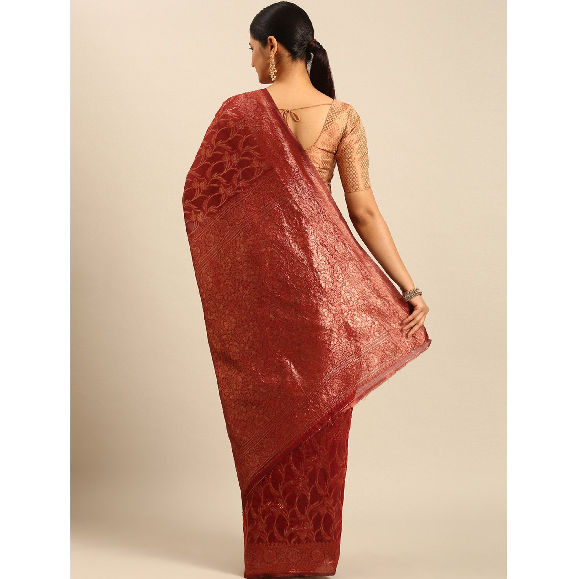 Maroon Floral Woven Cotton Silk Saree