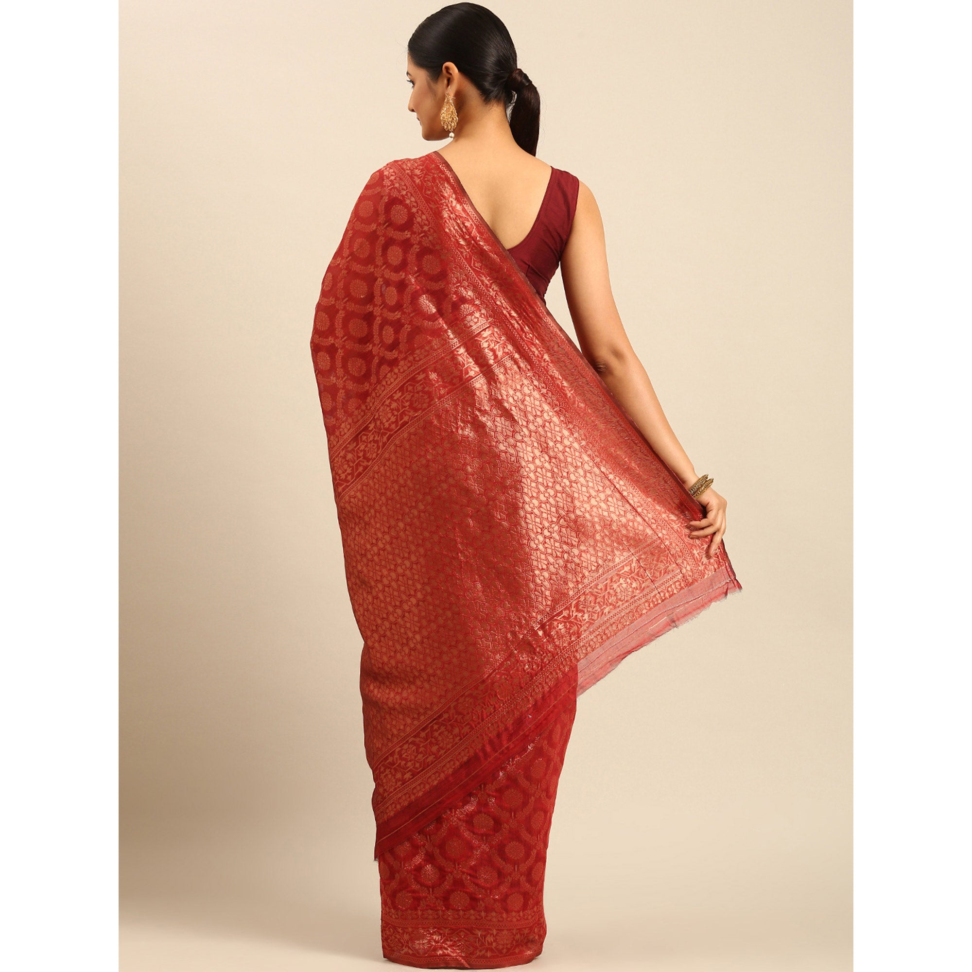 Red Floral Woven Cotton Silk Saree
