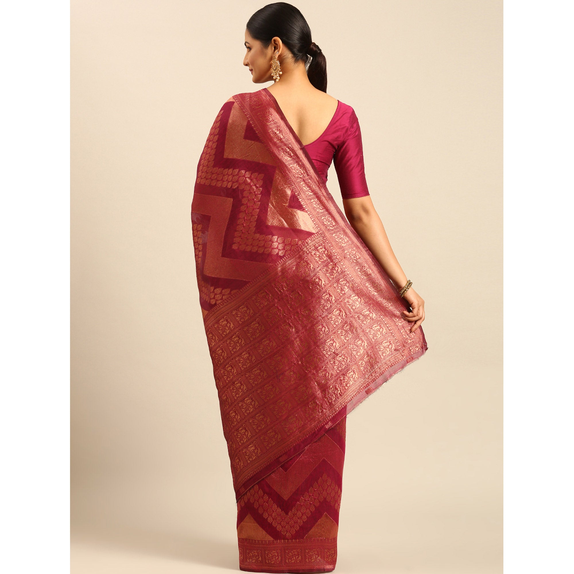 Magenta Floral Woven Cotton Silk Saree