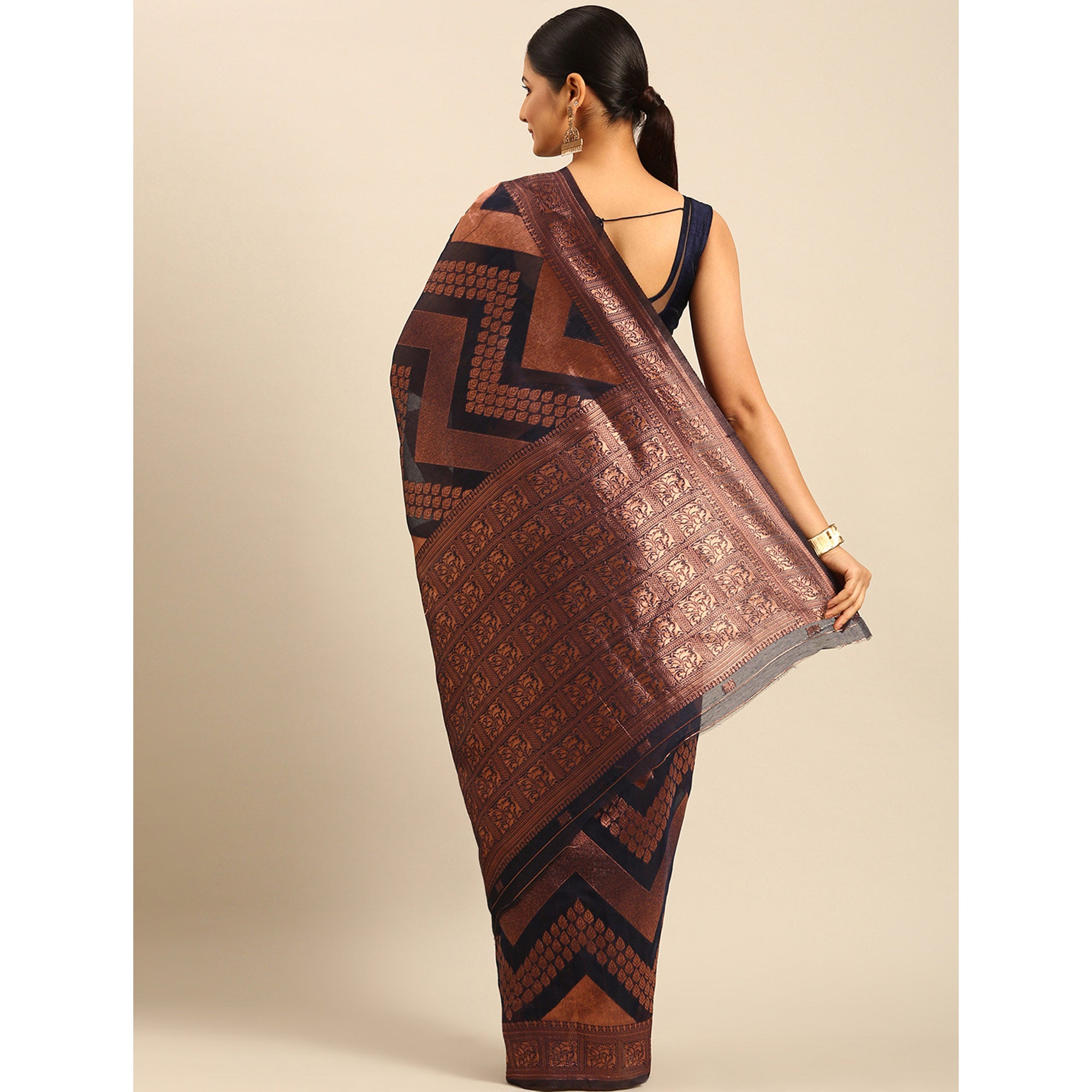 Navy Blue Floral Woven Cotton Silk Saree