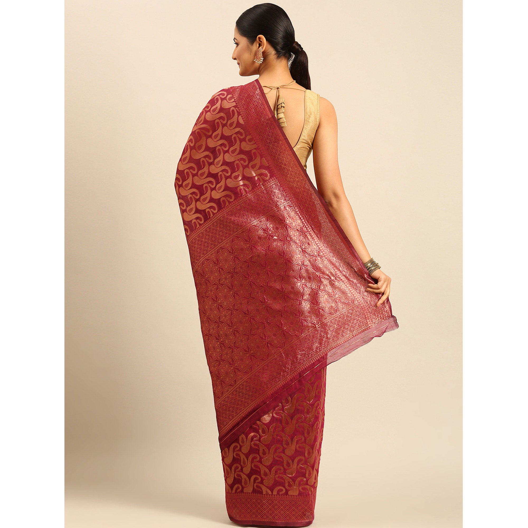 Magenta Floral Woven Cotton Silk Saree