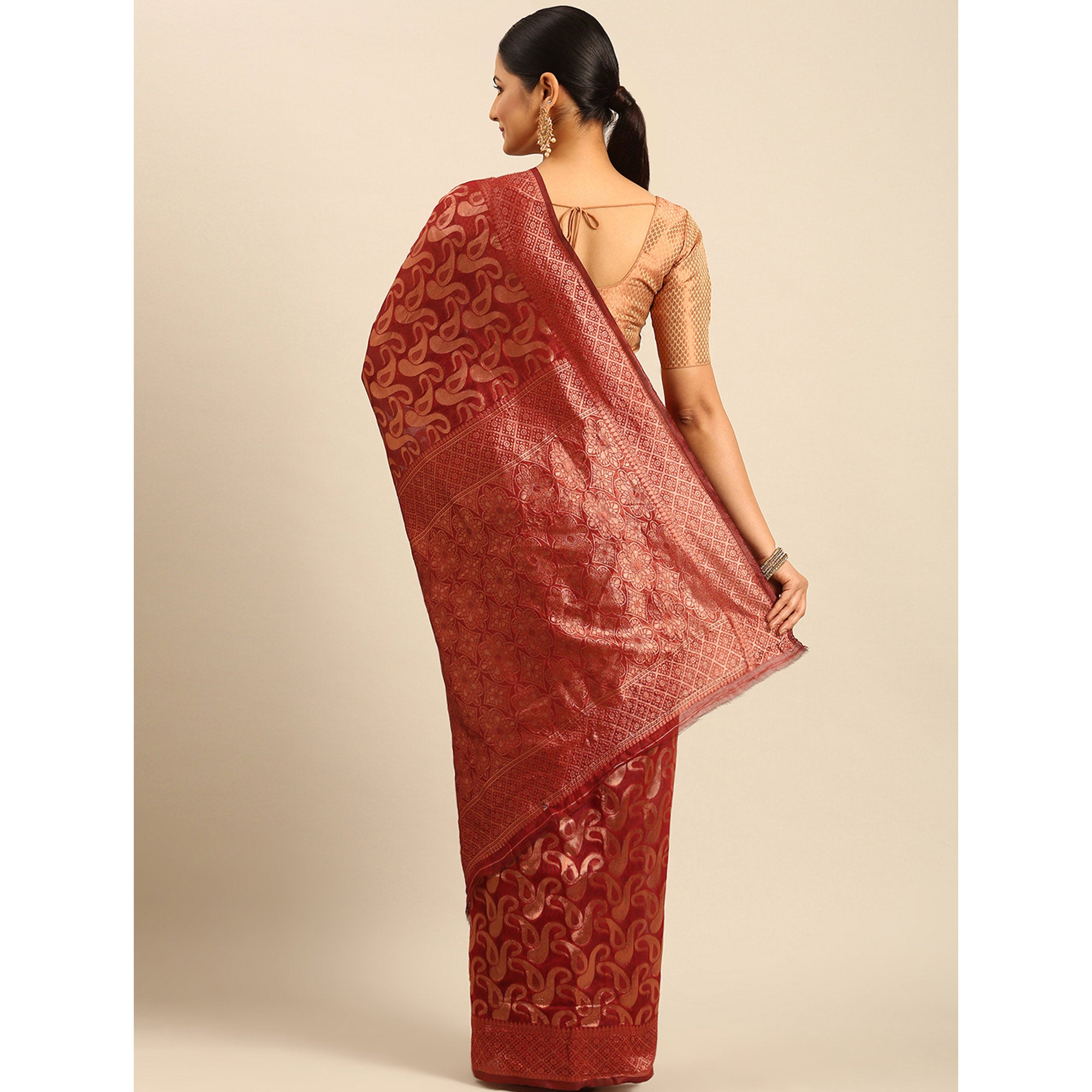 Maroon Floral Woven Cotton Silk Saree