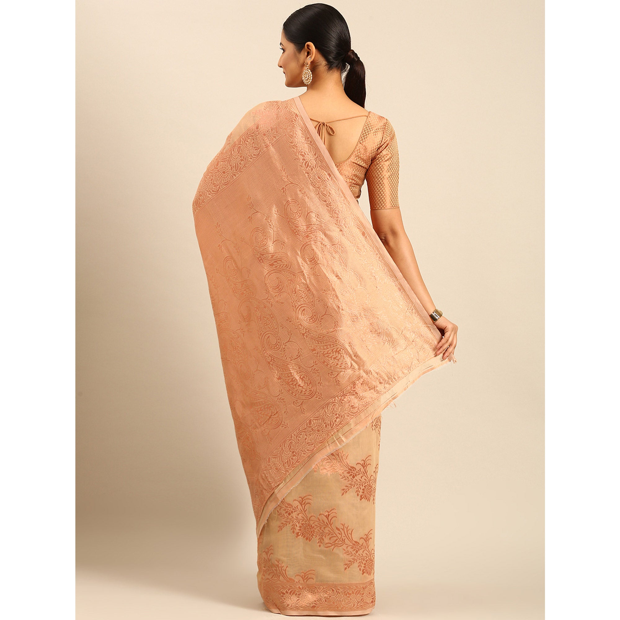 Beige Floral Woven Cotton Silk Saree
