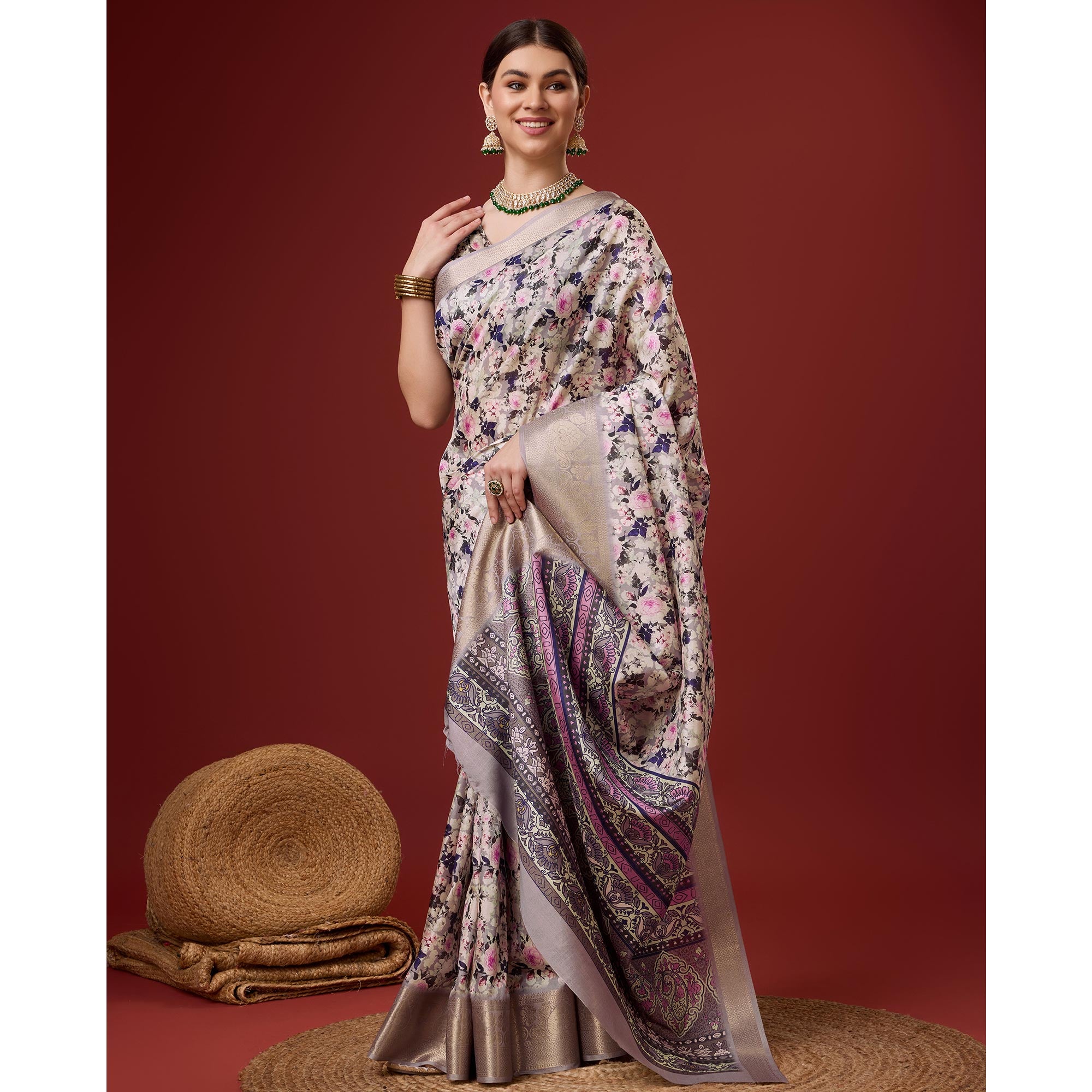 Grey Digital Printed Cotton Silk Saree With Border