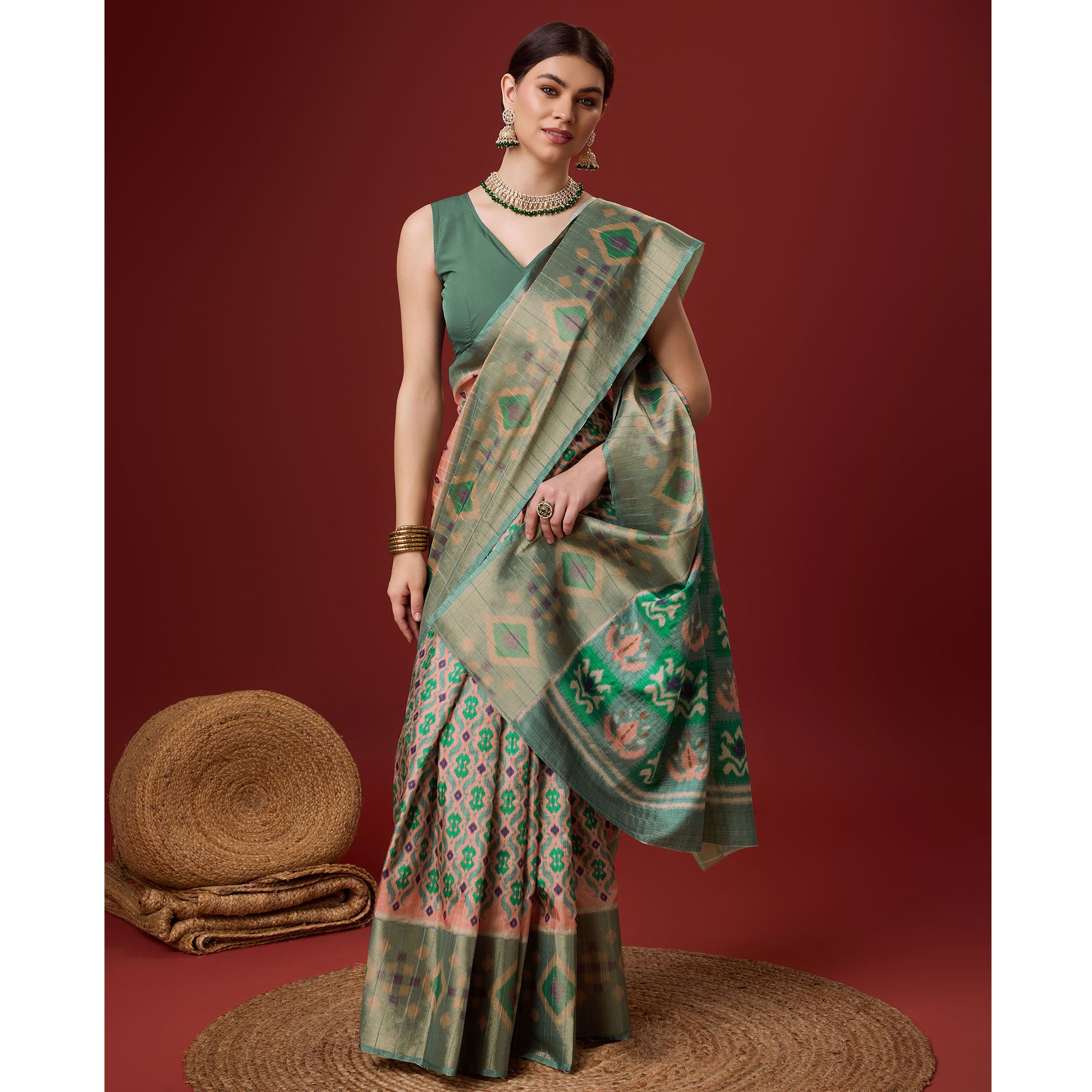 Peach Digital Printed Cotton Silk Saree With Border