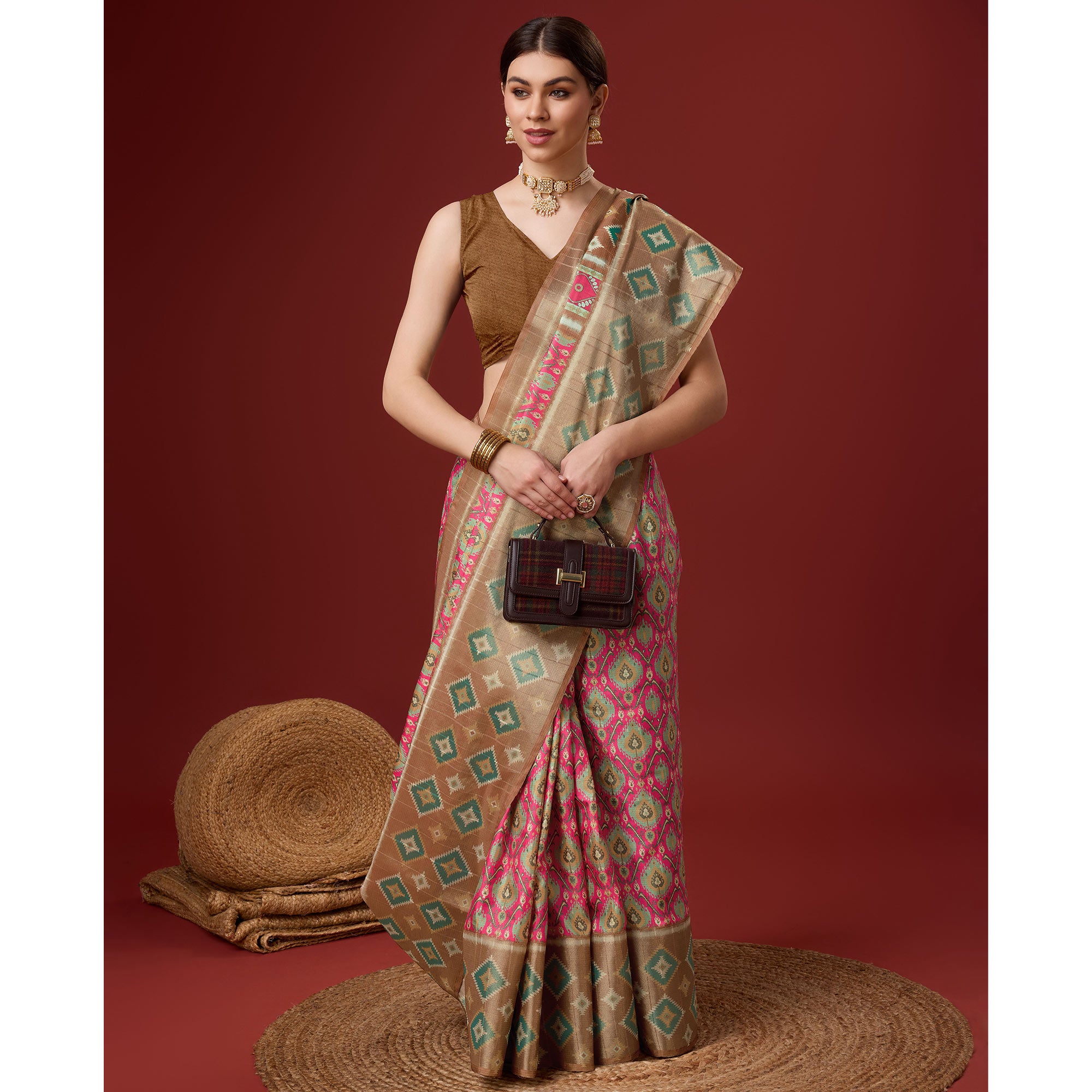 Pink Digital Printed Cotton Silk Saree With Border