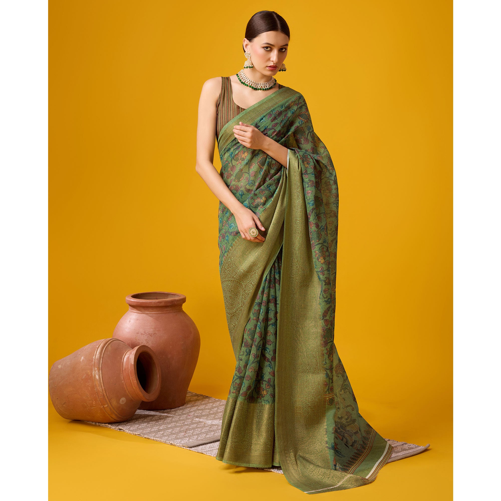 Green Digital Printed Cotton Silk Saree With Border