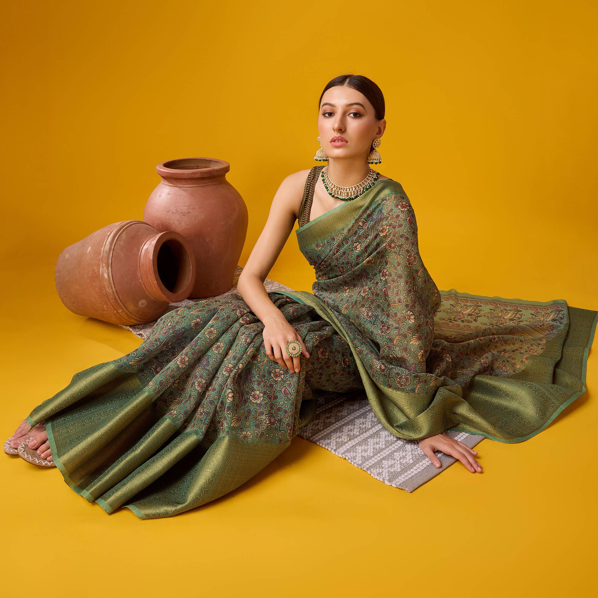 Dusty Green Digital Printed Cotton Silk Saree With Border